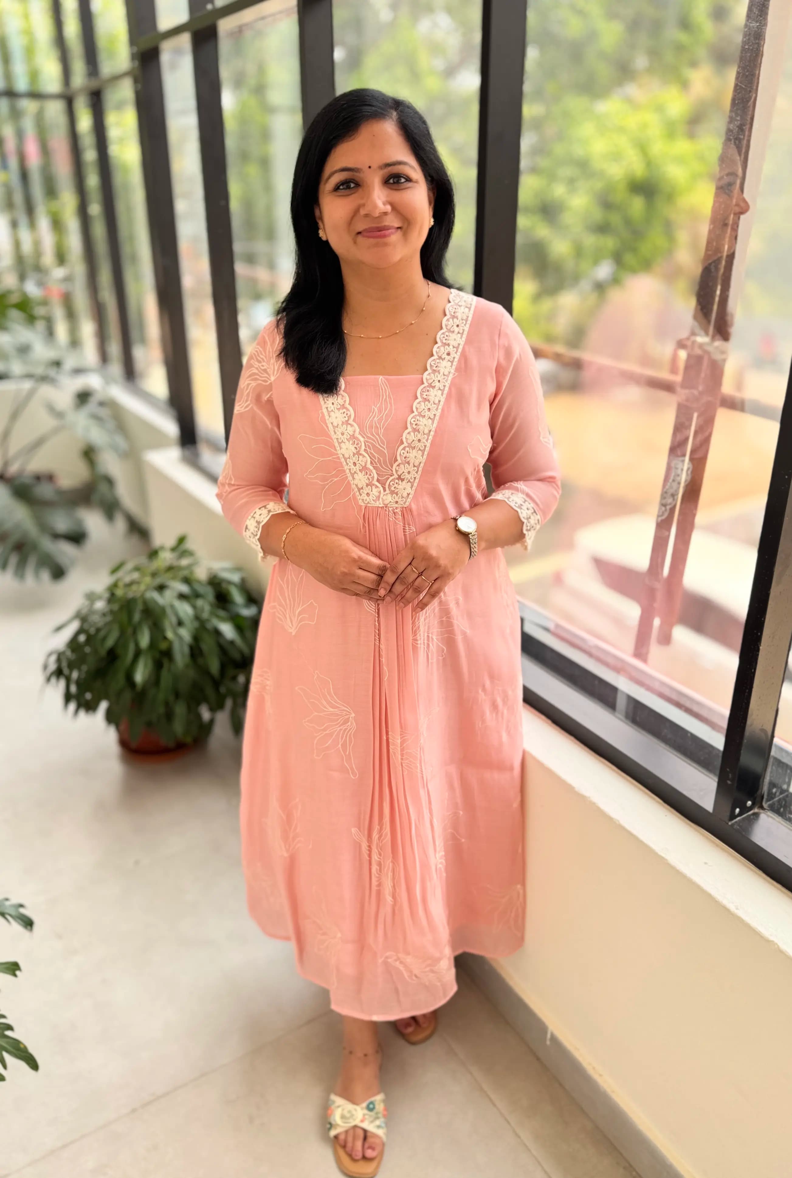 Florista Aline Kurti in Mul Chanderi - Baby Pink mix Peach