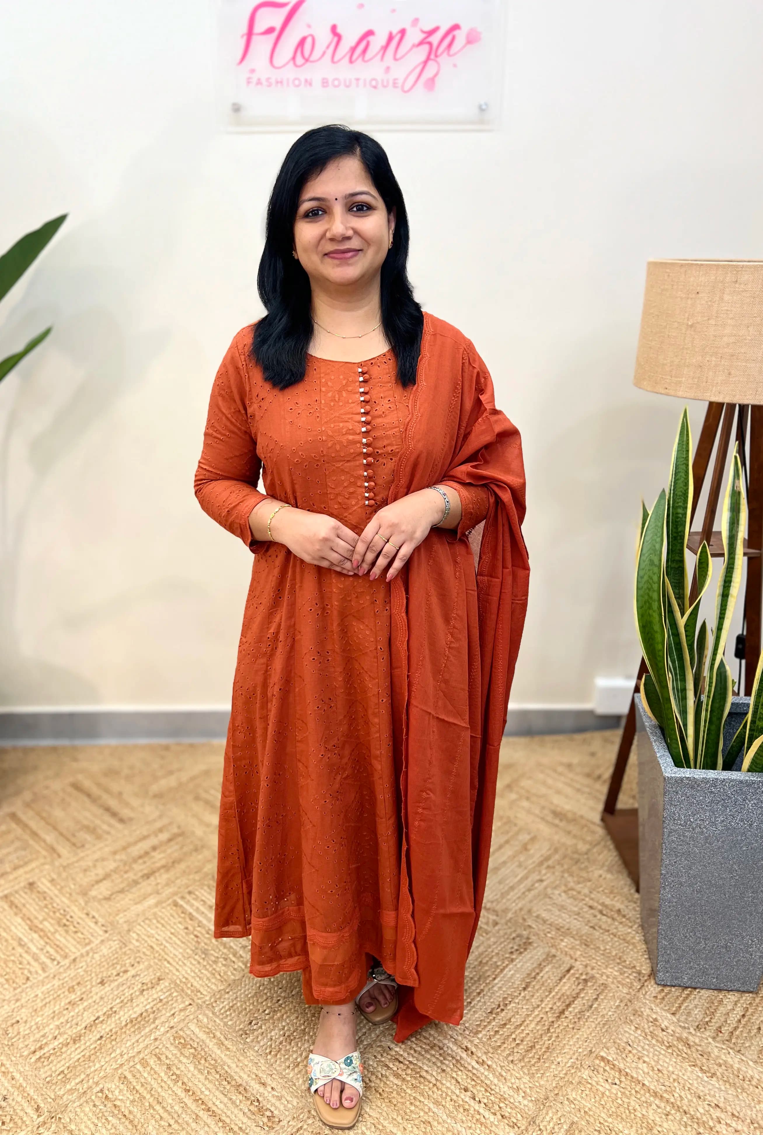 Panel Cut Anarkali 3 Piece set In Hakoba - Brick Orange
