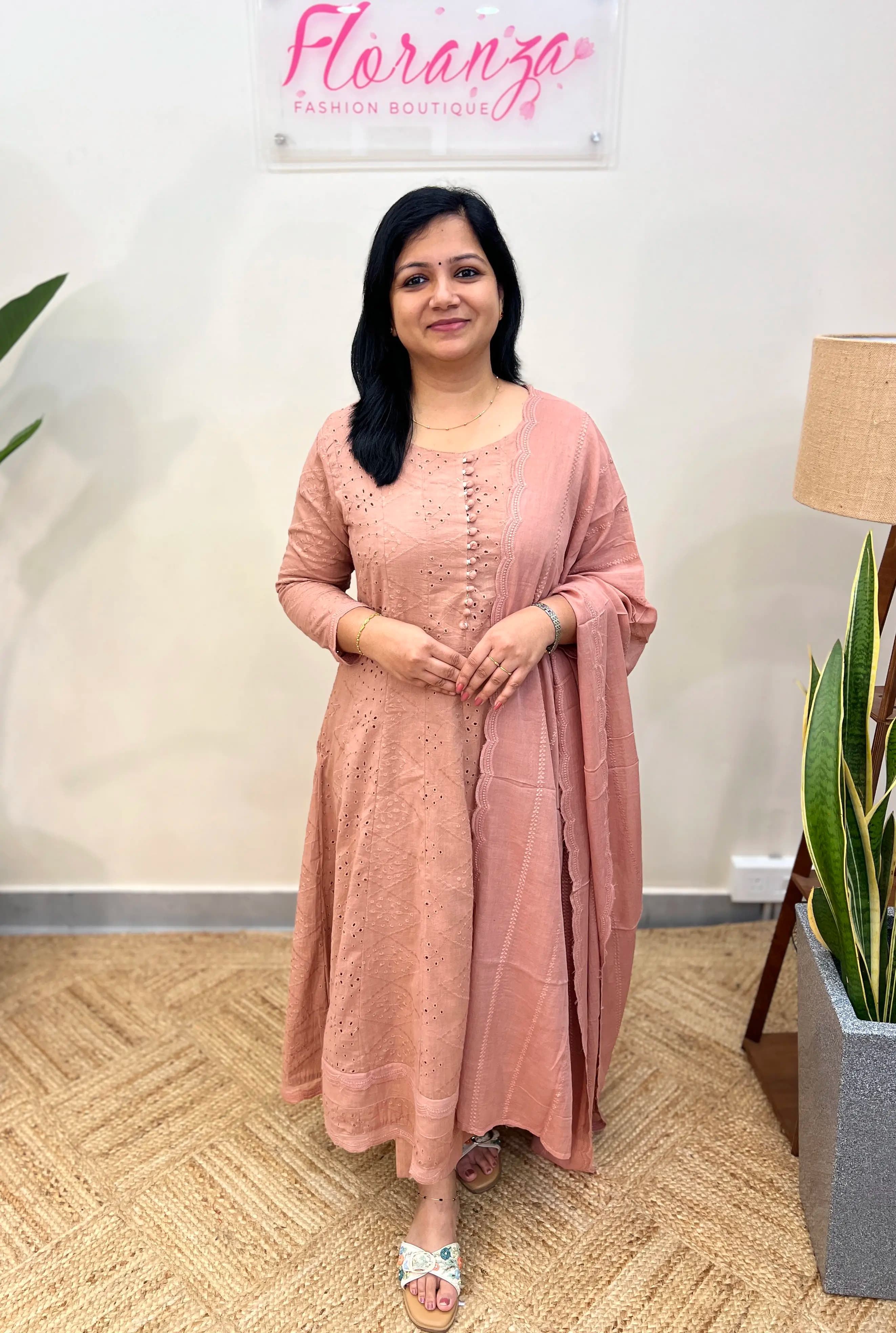 Panel Cut Anarkali 3 Piece set In Hakoba - Nude Pink