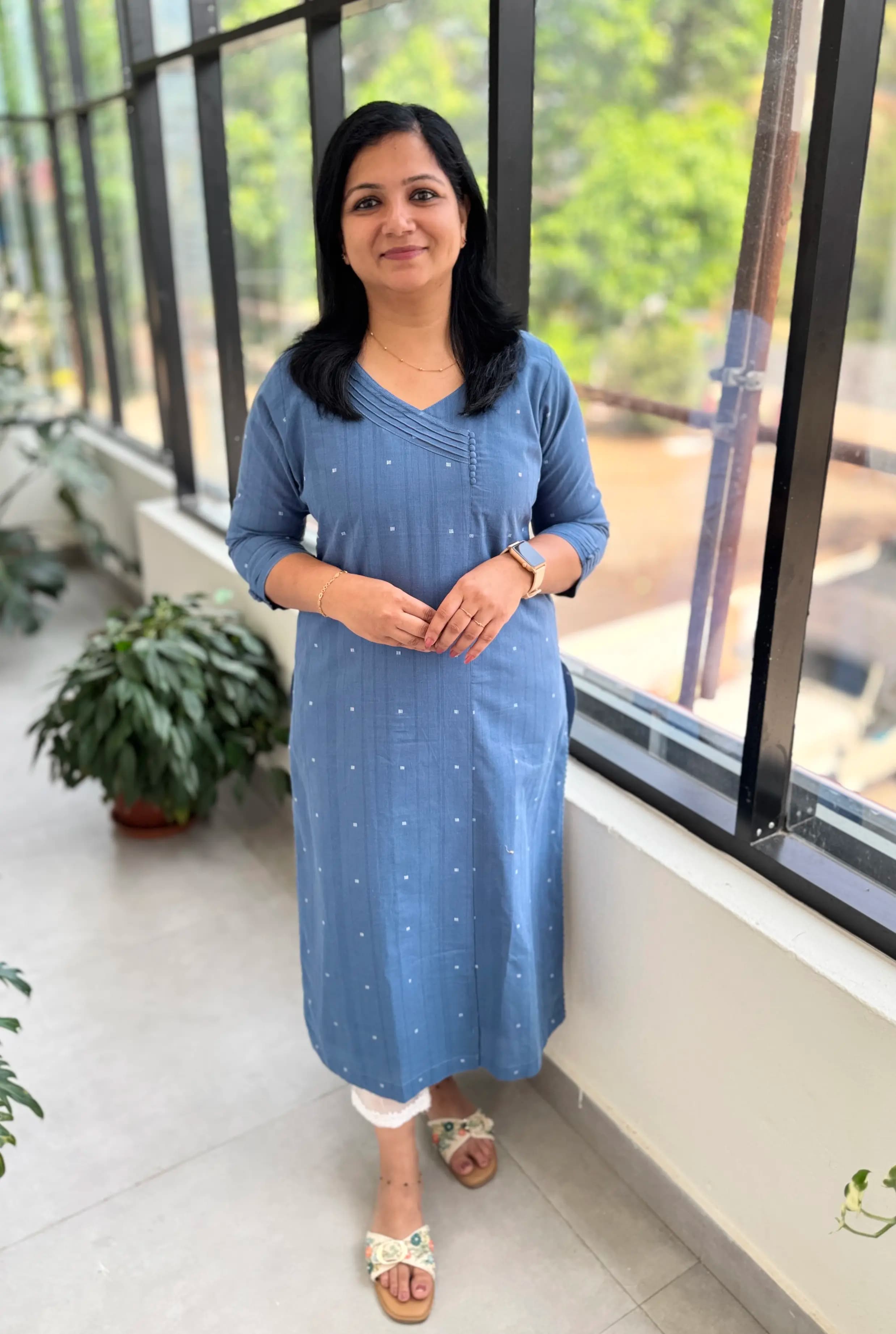 Branded Kurti In Weaved Cotton - Light Blue