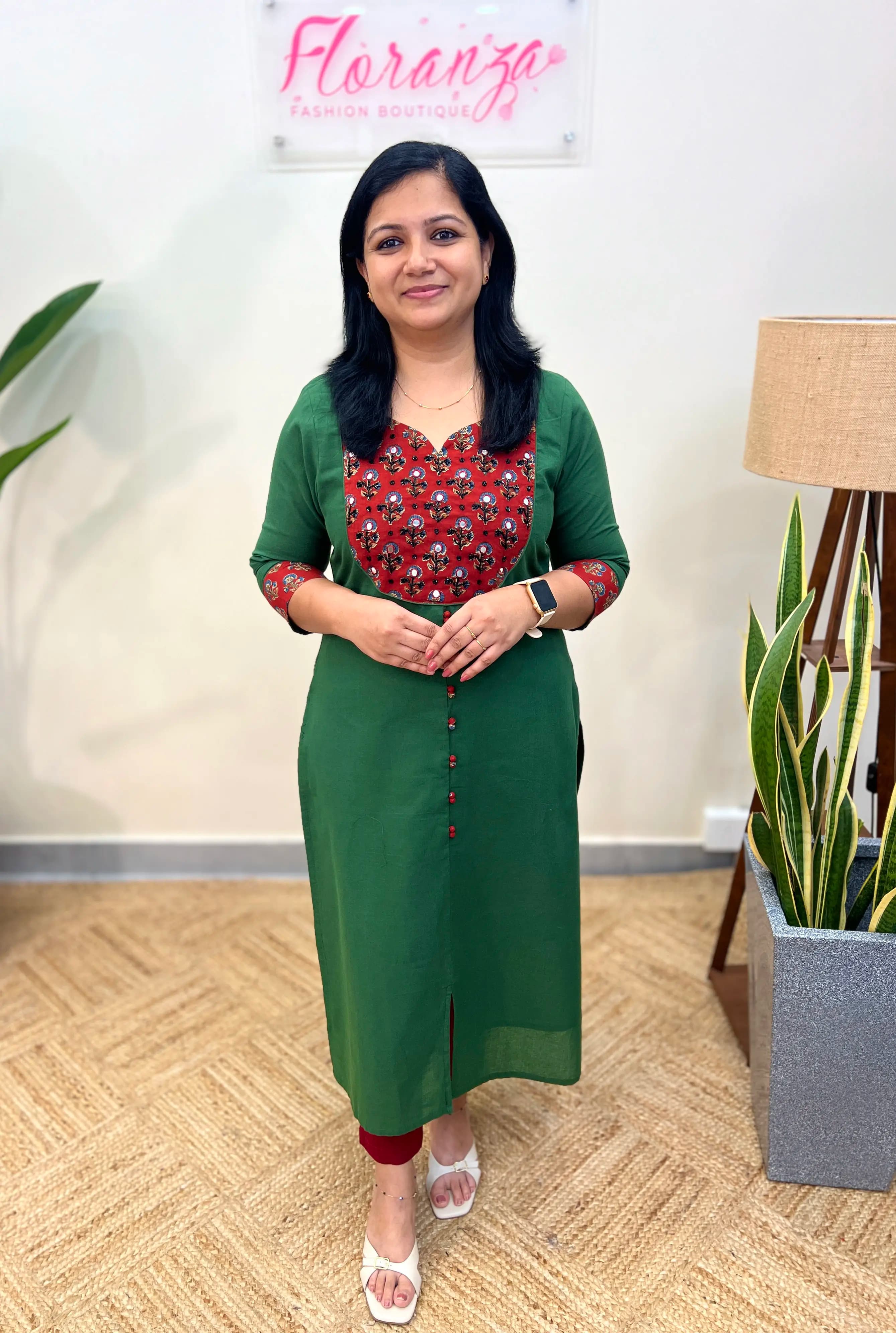 Florista Slitted Kurti In  Cotton - Green n Brick Red