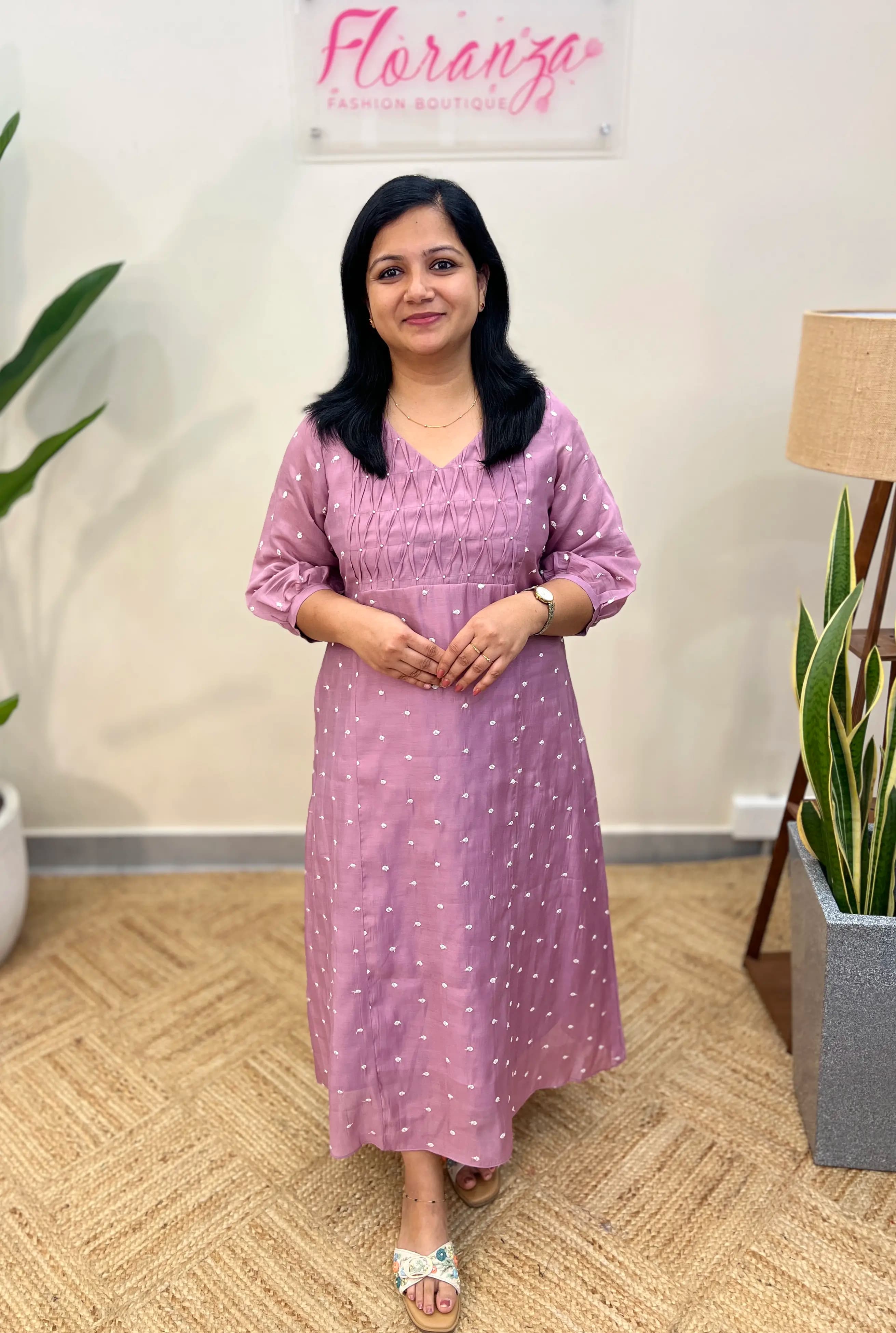 Florista Kurti in Mul-Chanderi - Lilac mix lavender