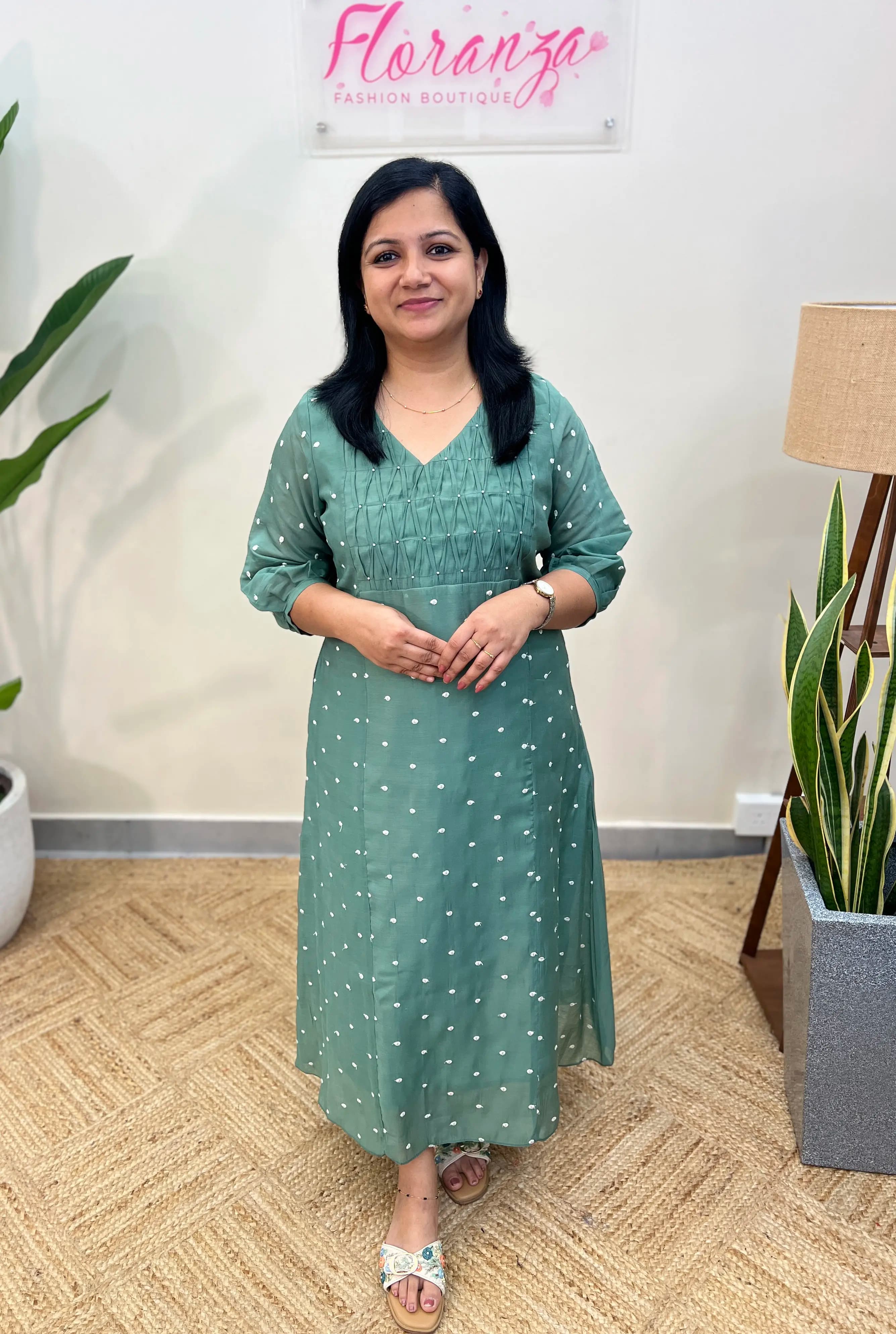 Florista Kurti in Mul-Chanderi -  Pastel Green