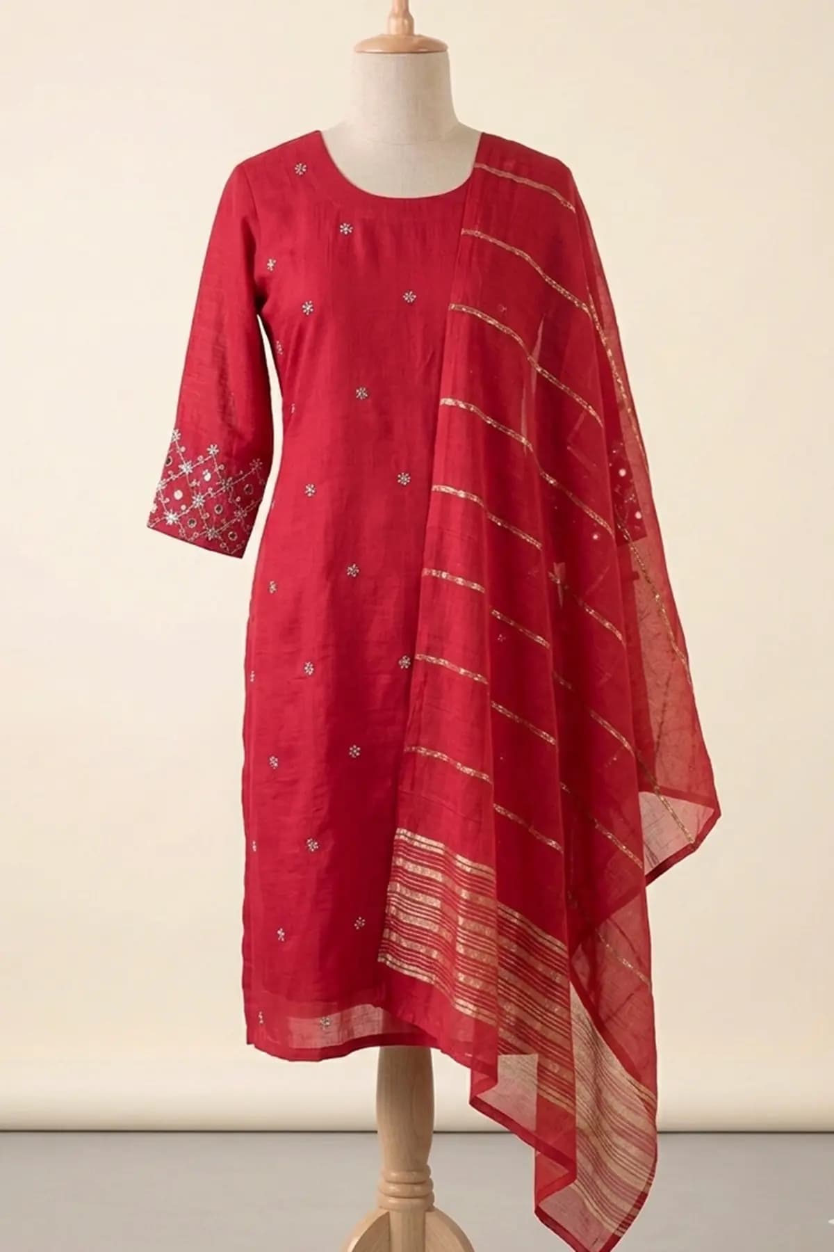 Premium Party Wear 3 Piece Set In Silk Blended Fabric - Red mix Rani Pink