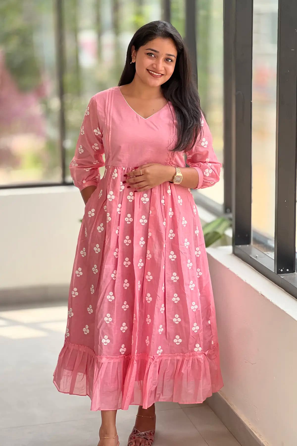 Florista Aline Kurti in Mul Chanderi - Rose Pink