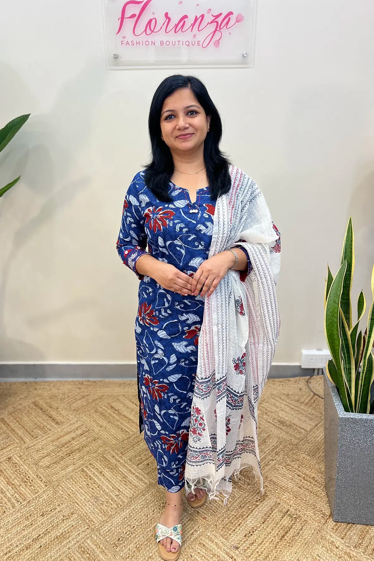 3 Piece Set In Cotton - Indigo, White n Red with Floral print