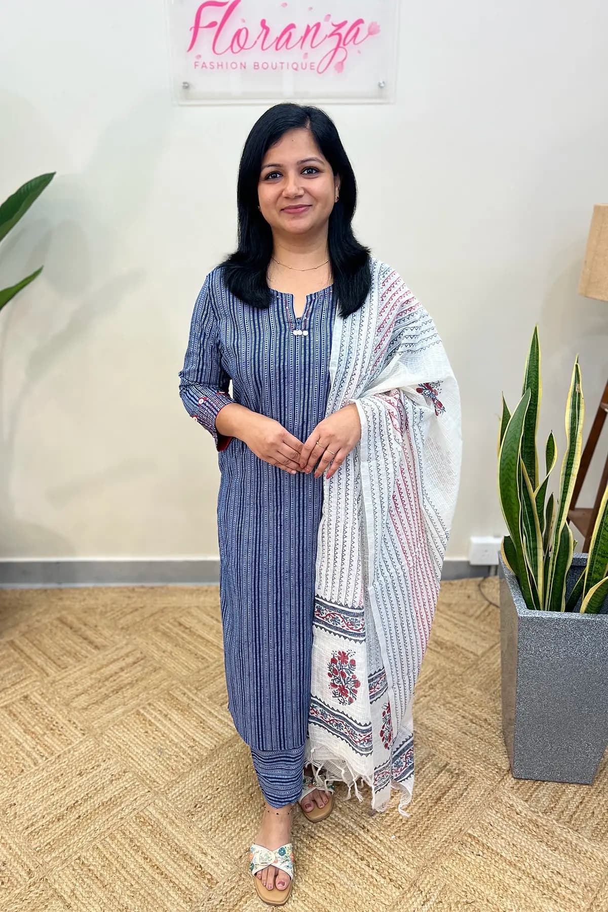 3 Piece Set In Cotton - Indigo, White n Red with Stripe Pattern