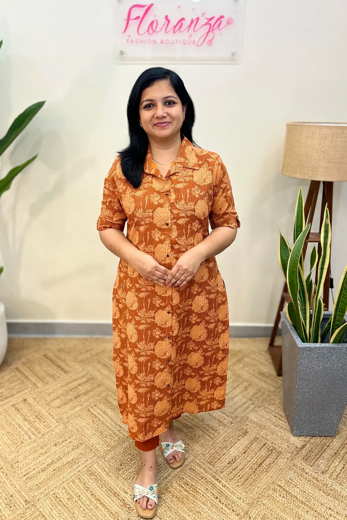 Florista Kurti in  Cotton - Brick Orange
