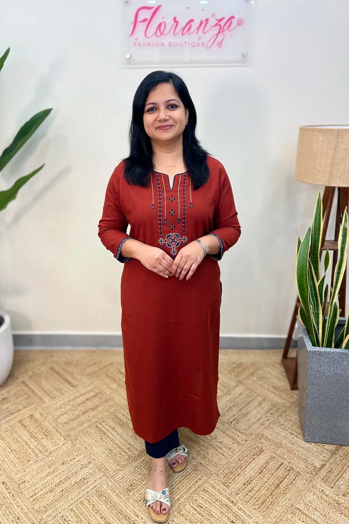 Anvita Brand Kurti In Pure Cotton - Brick Red