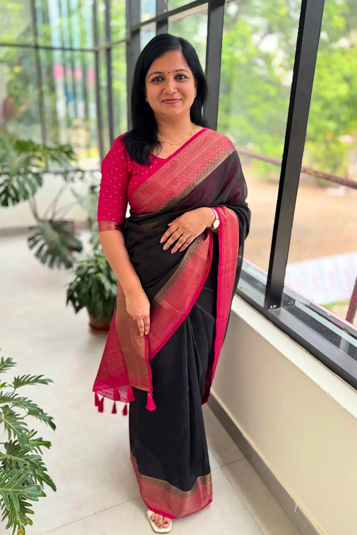 Pre-Book Semi Jute Saree - Black n Rani Pink