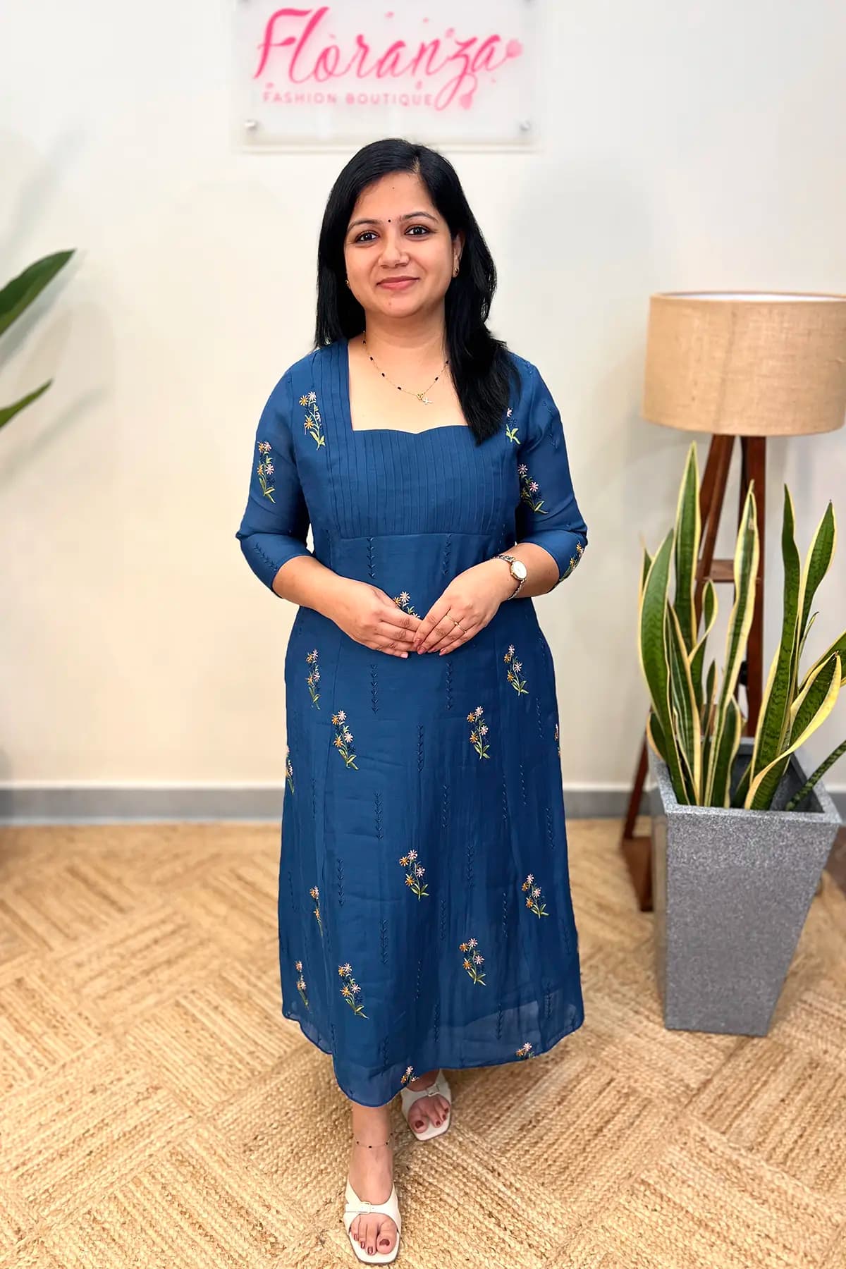 Florista Kurti In Mul-Chanderi -  Teal Blue