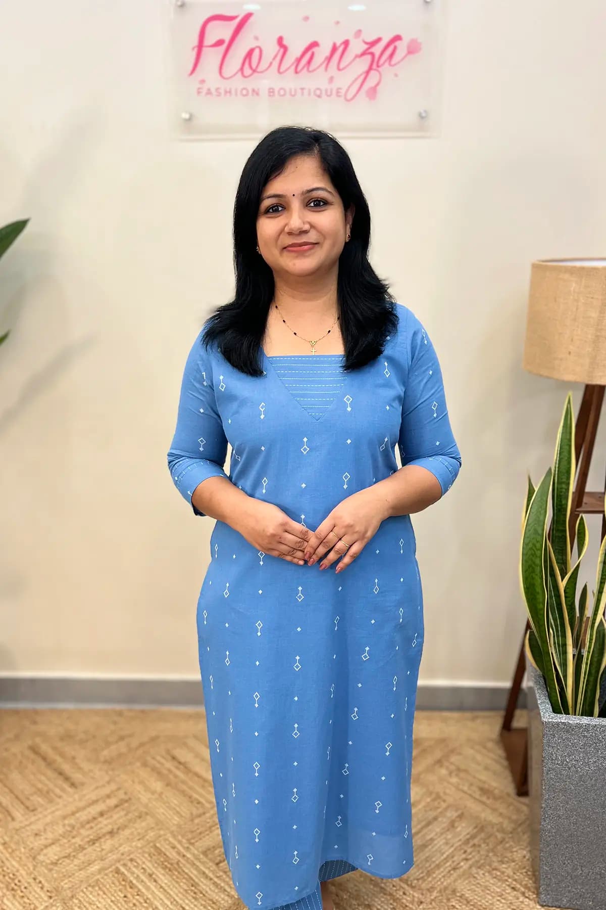 Florista Kurti in Weaved Cotton   - Blue