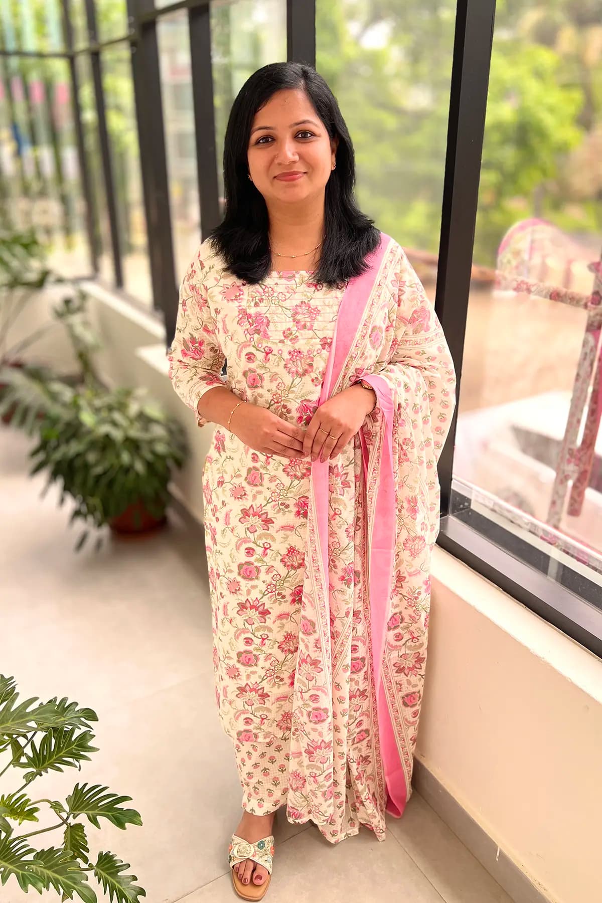 3 Piece Set in Cotton with Sanganeri print - Off-white with Pink n Green