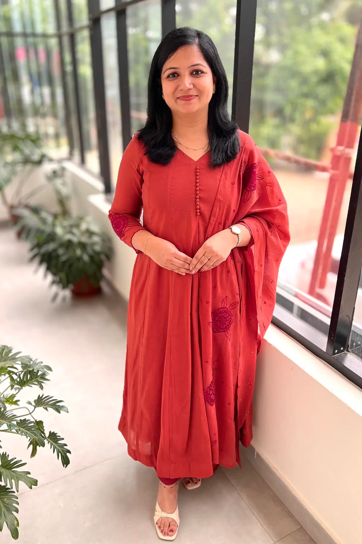 Premium Anarkali 3 Piece Set In Mul-Chanderi - Mauve Peach mix Brick