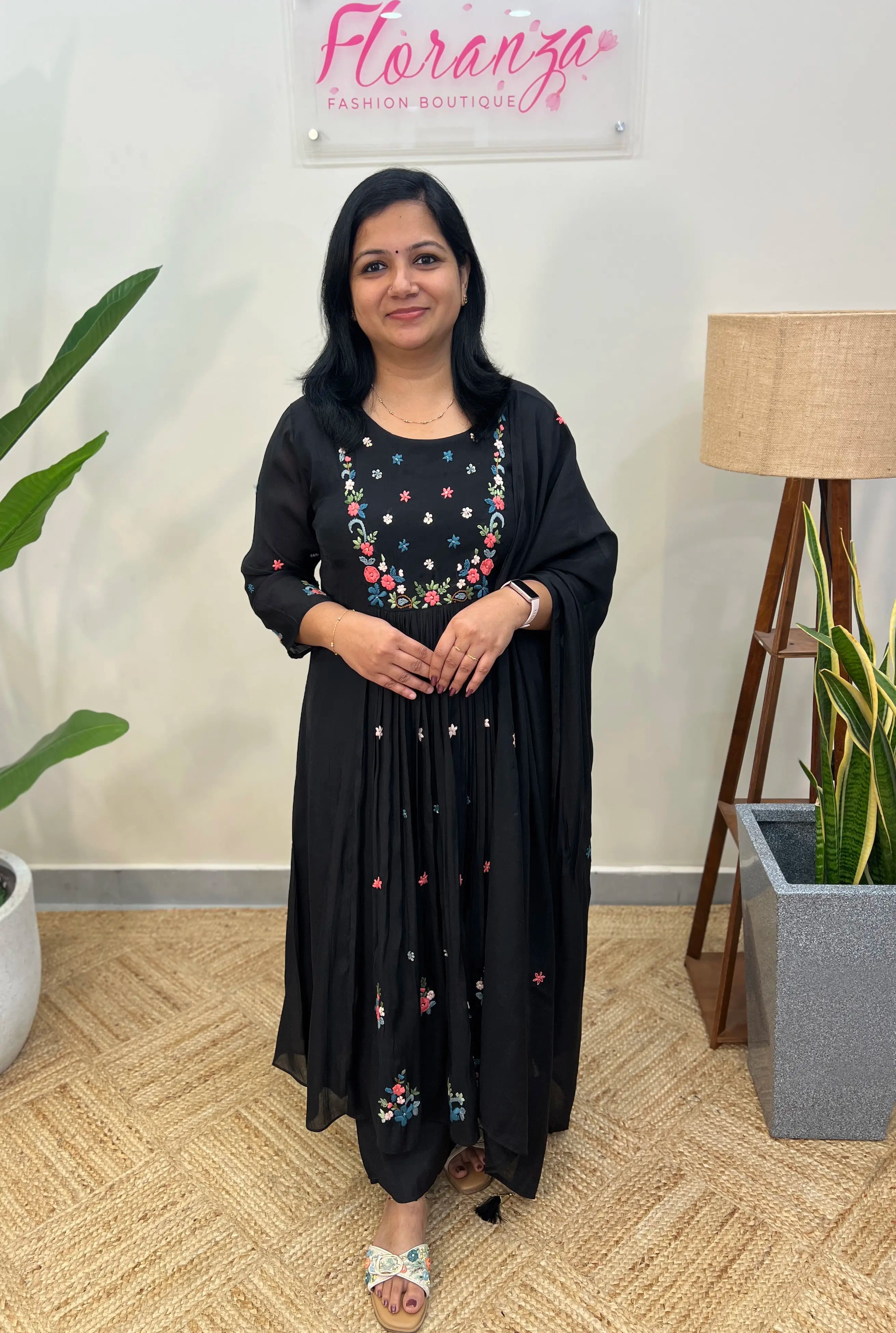 Premium 3 Piece Set In Mul-Chanderi - Black