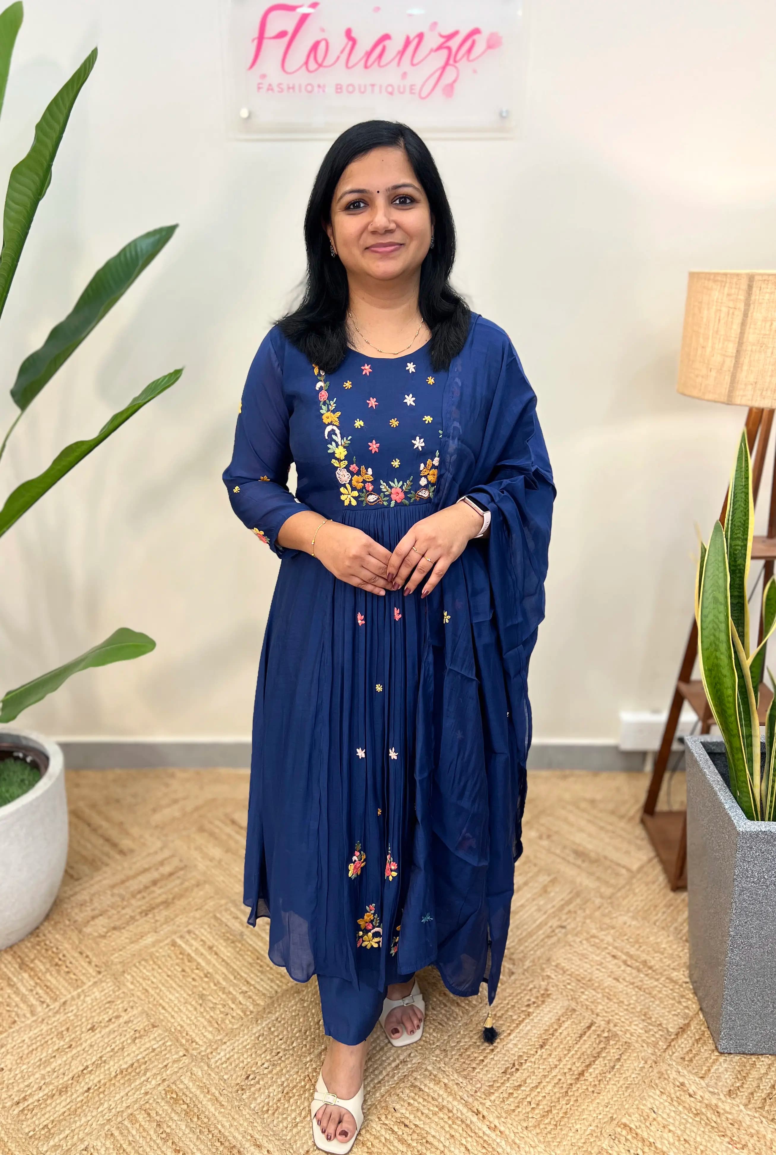 Premium 3 Piece Set In Mul-Chanderi - Blue