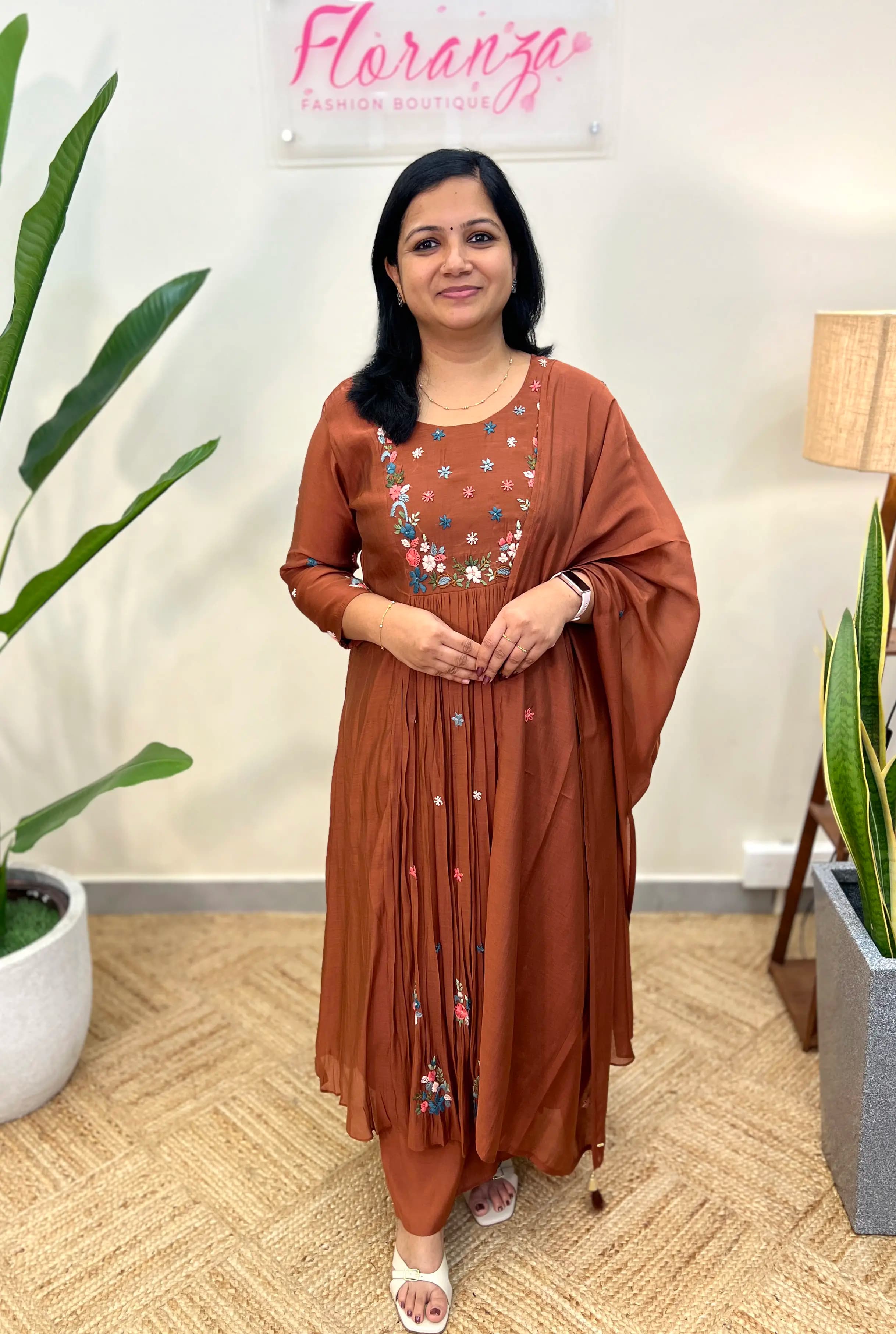 Premium 3 Piece Set In Mul-Chanderi - Brown