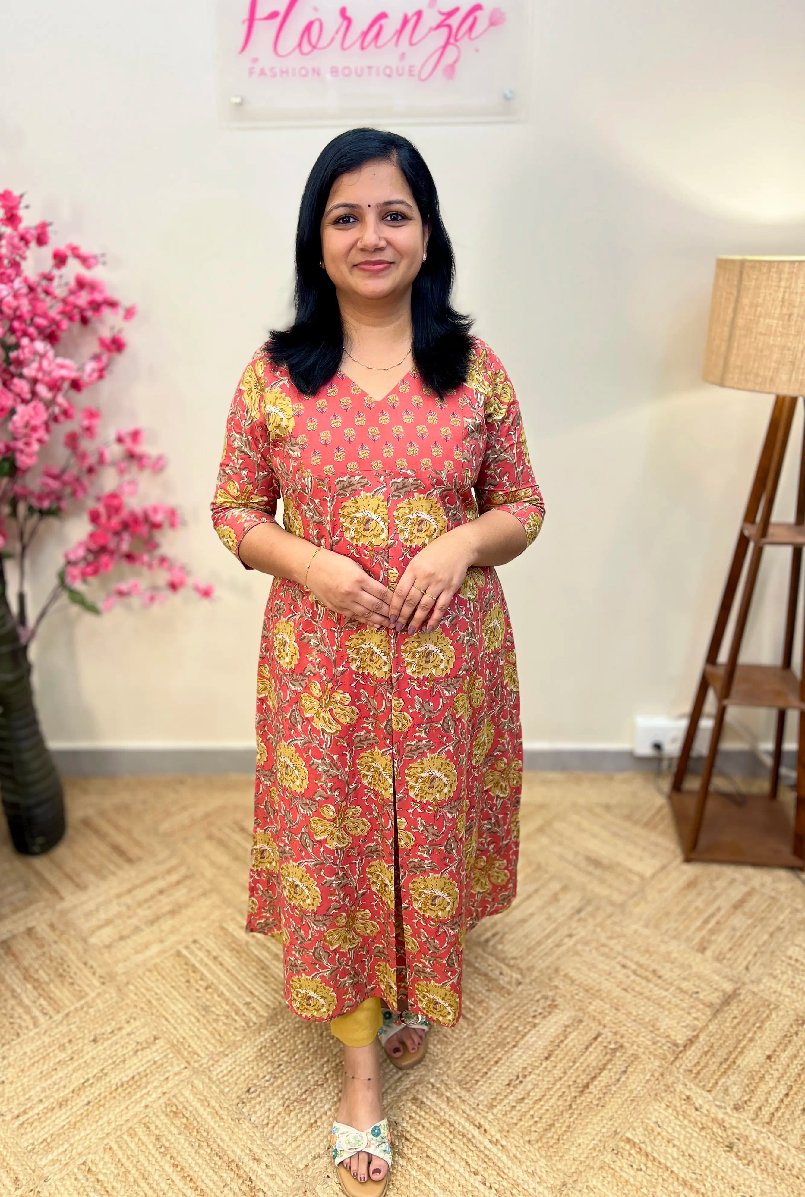 Florista Kurti Printed Cotton - Dark Peach n Mustard Yellow
