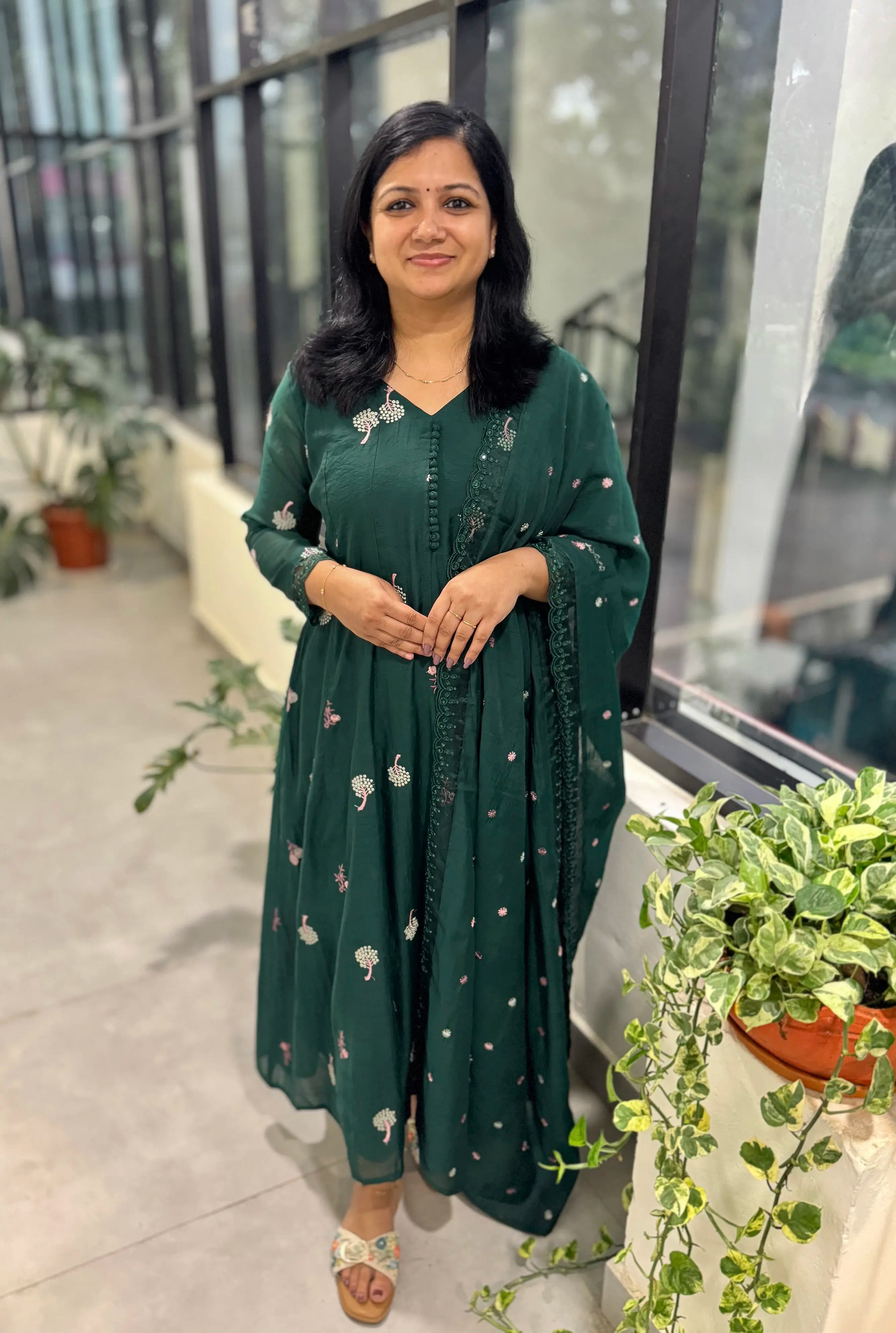 Premium 3 Piece Anarkali Set In Chanderi - Dark Bottle Green