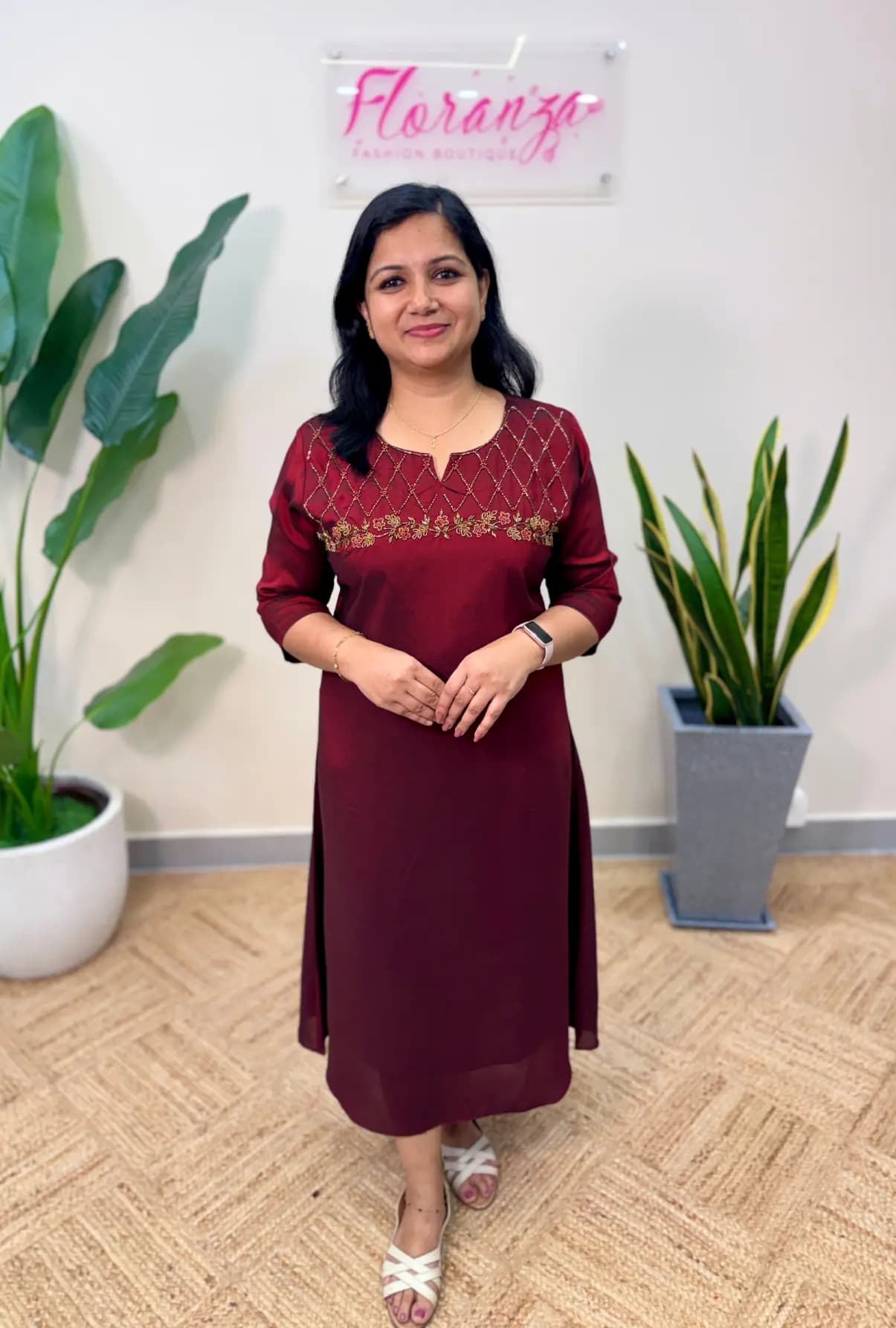 Semi Silk Handwork Kurti - Dark Maroon