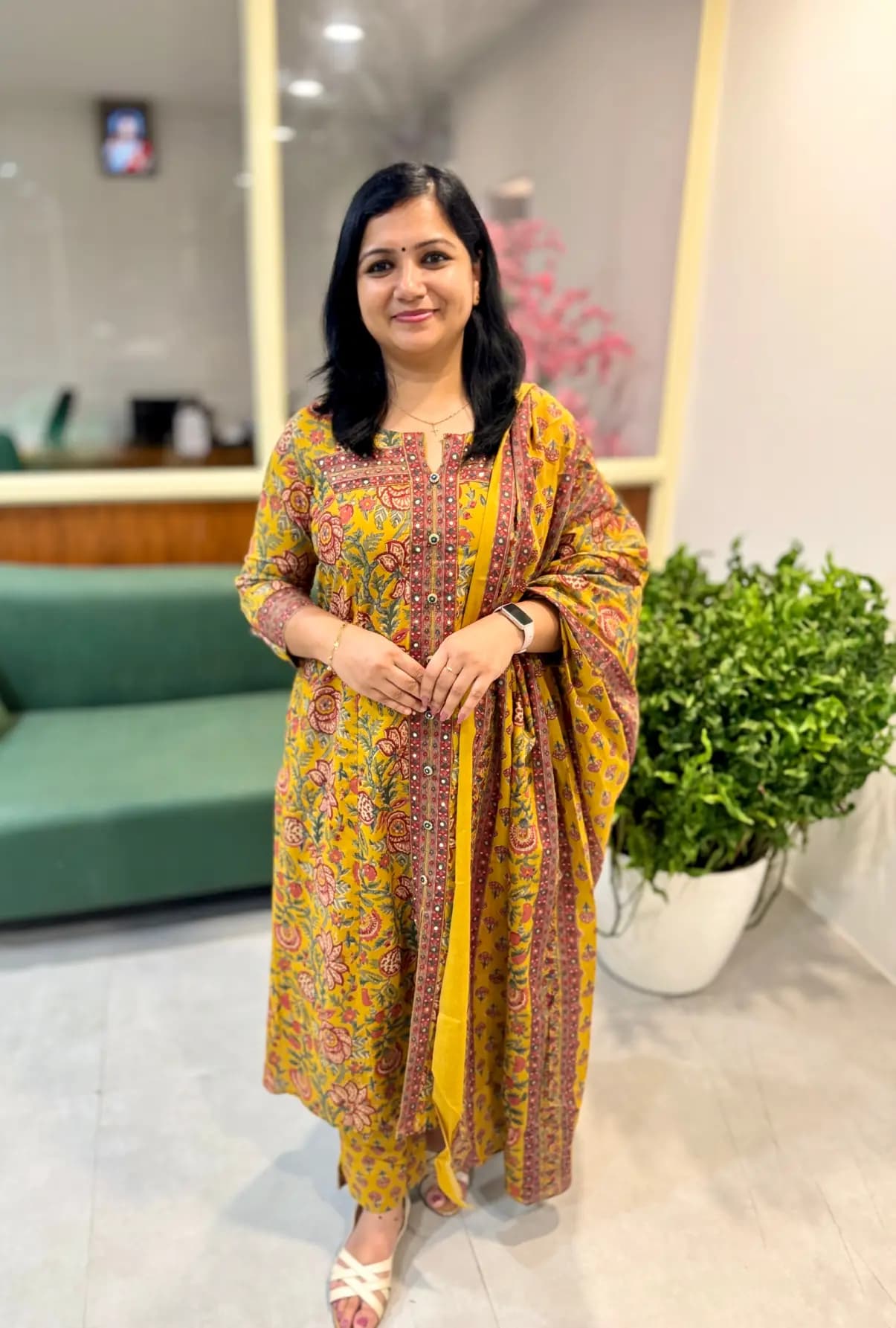 Slitted 3 piece set in Printed Cotton -  Mustard Yellow
