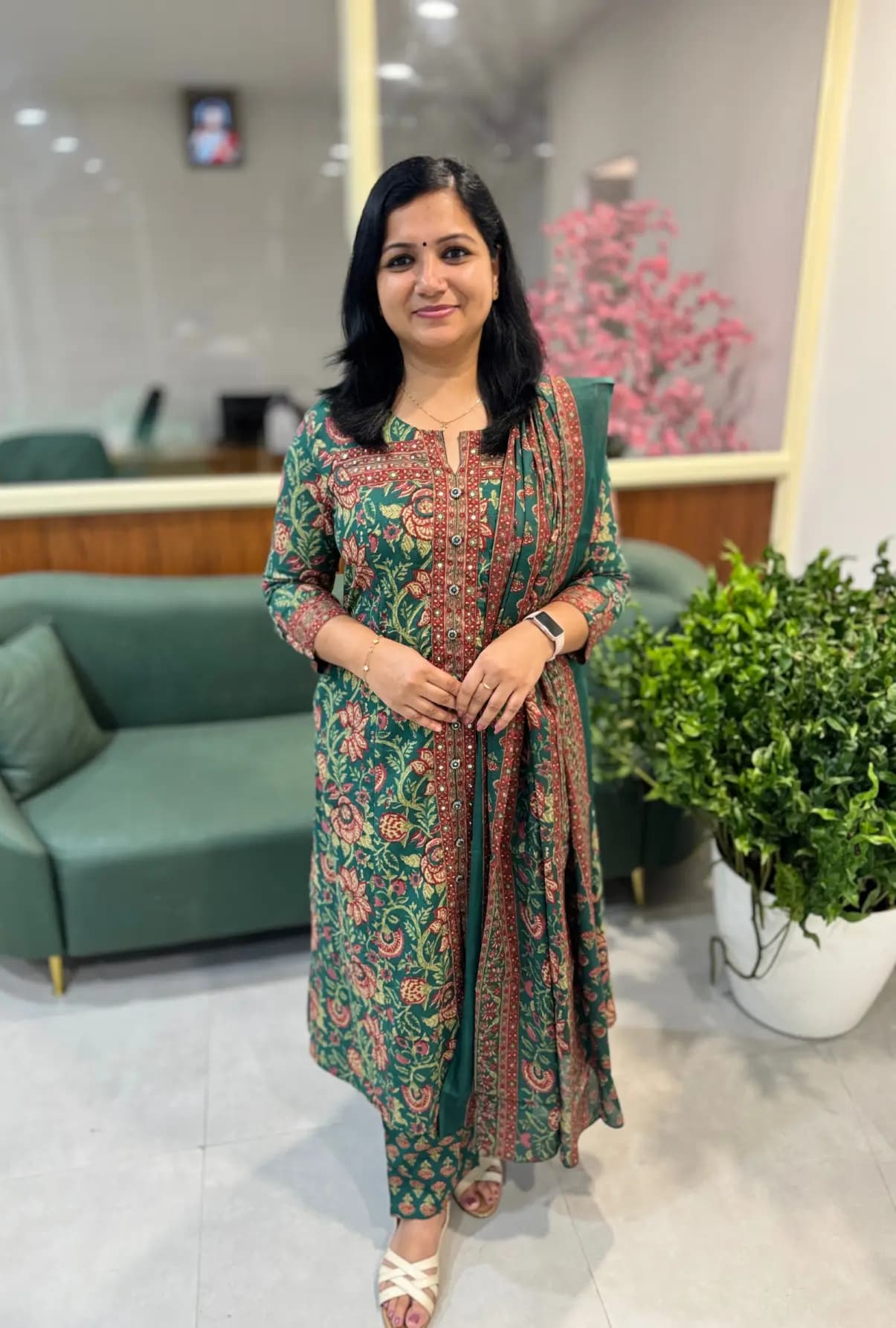 Slitted 3 piece set in Printed Cotton - Dark Green