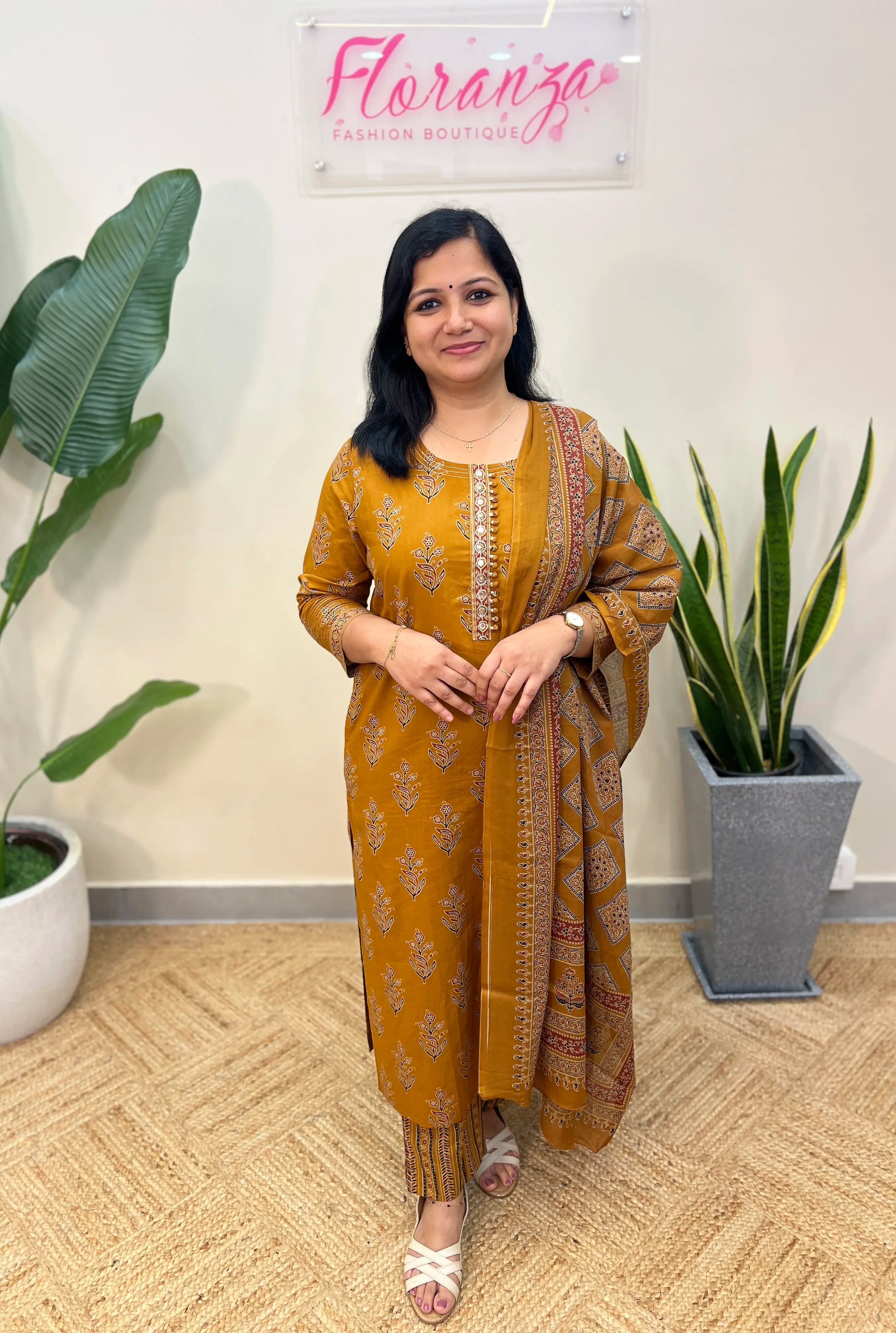 Slitted 3 piece set in Printed Cotton - Dark Mustard Yellow