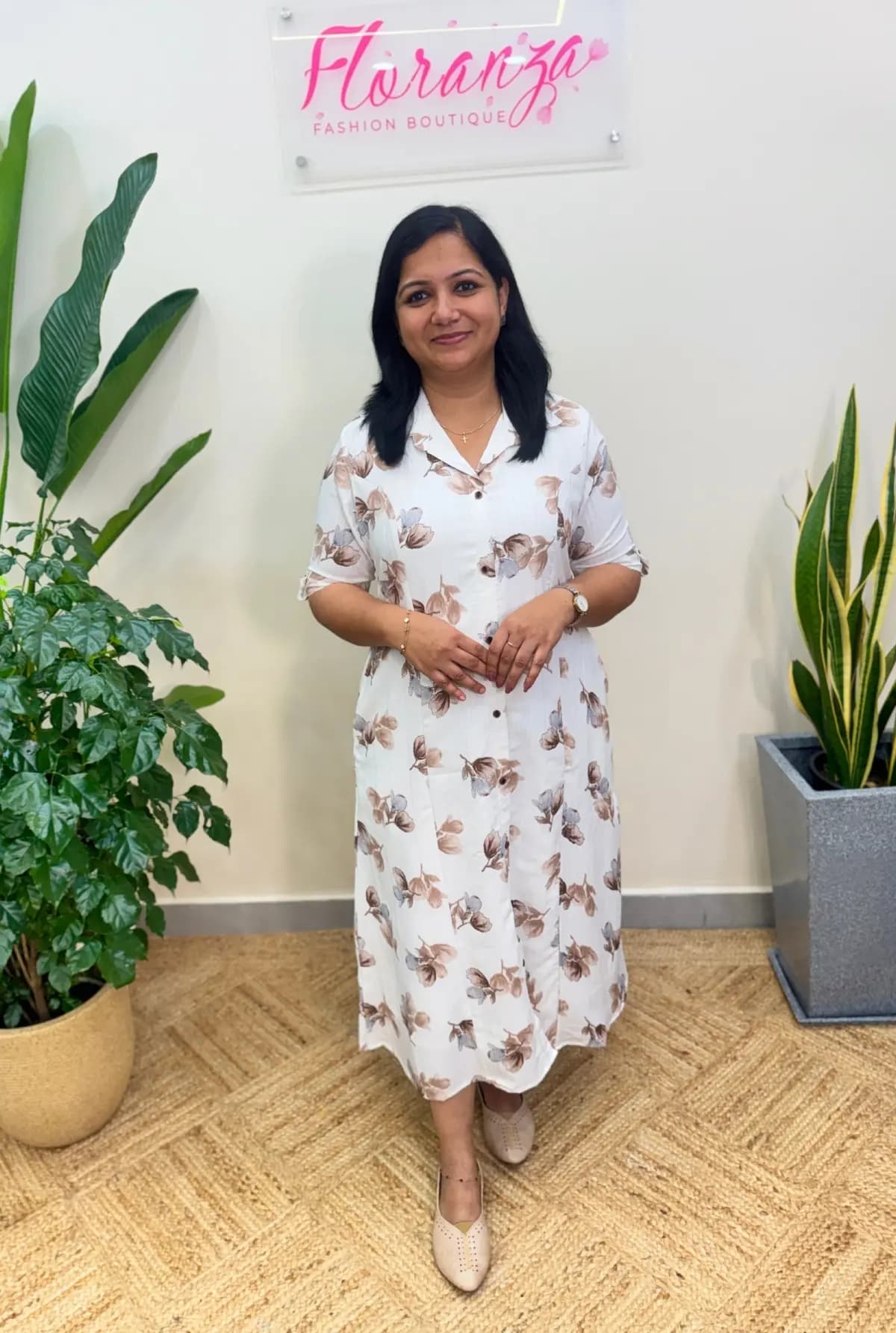 Florista Indo-Western Dress in Imported Fabric - White with Brown