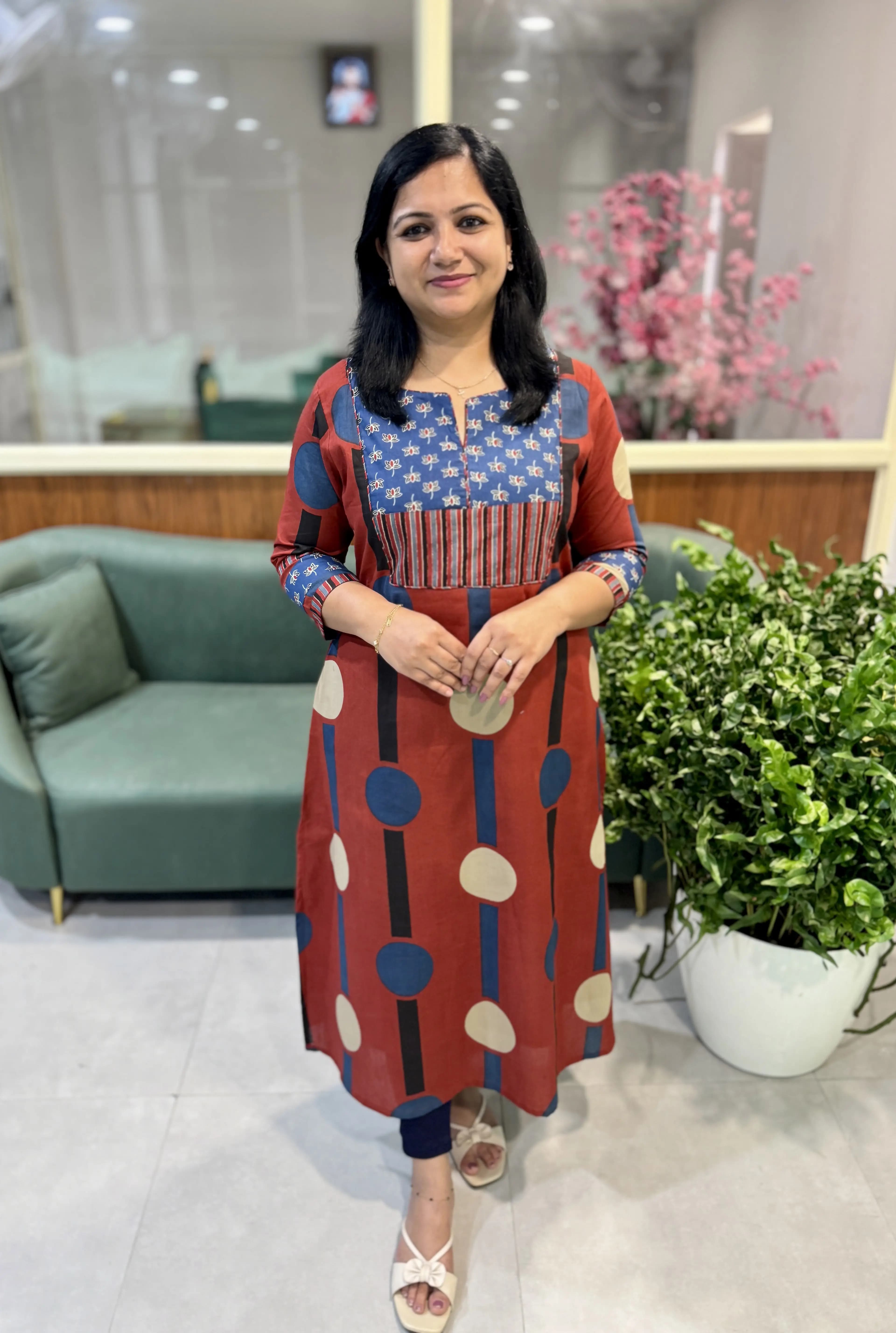 Florista Kurti in Cotton - Brick Red n Blue