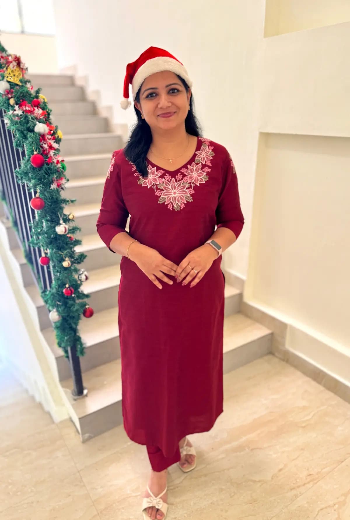 X-mas Florique Kurti in Slub Silk - Petal Grace Maroon