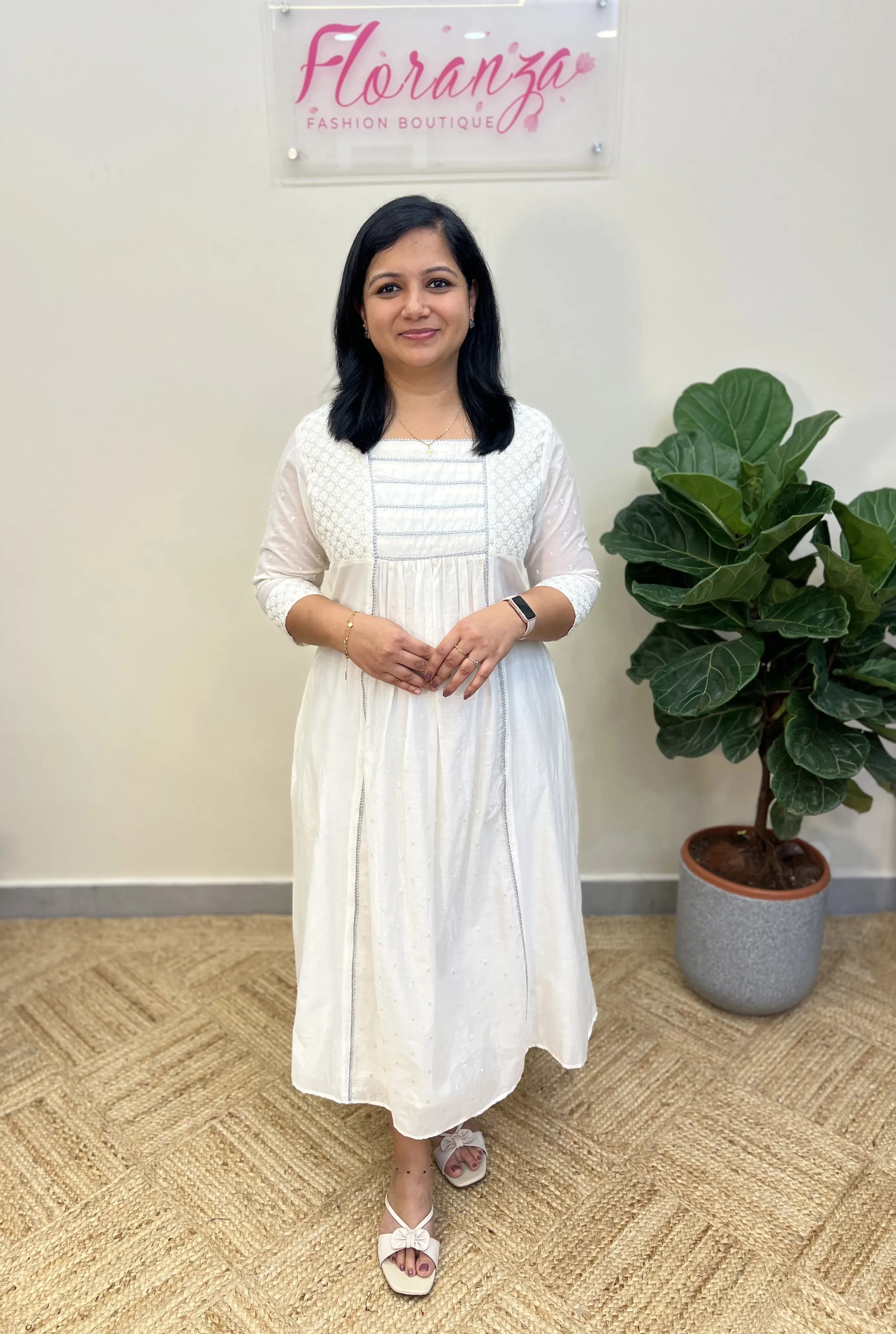 Florista Kurti in Mul-Chanderi - Off-White n Milky White mix