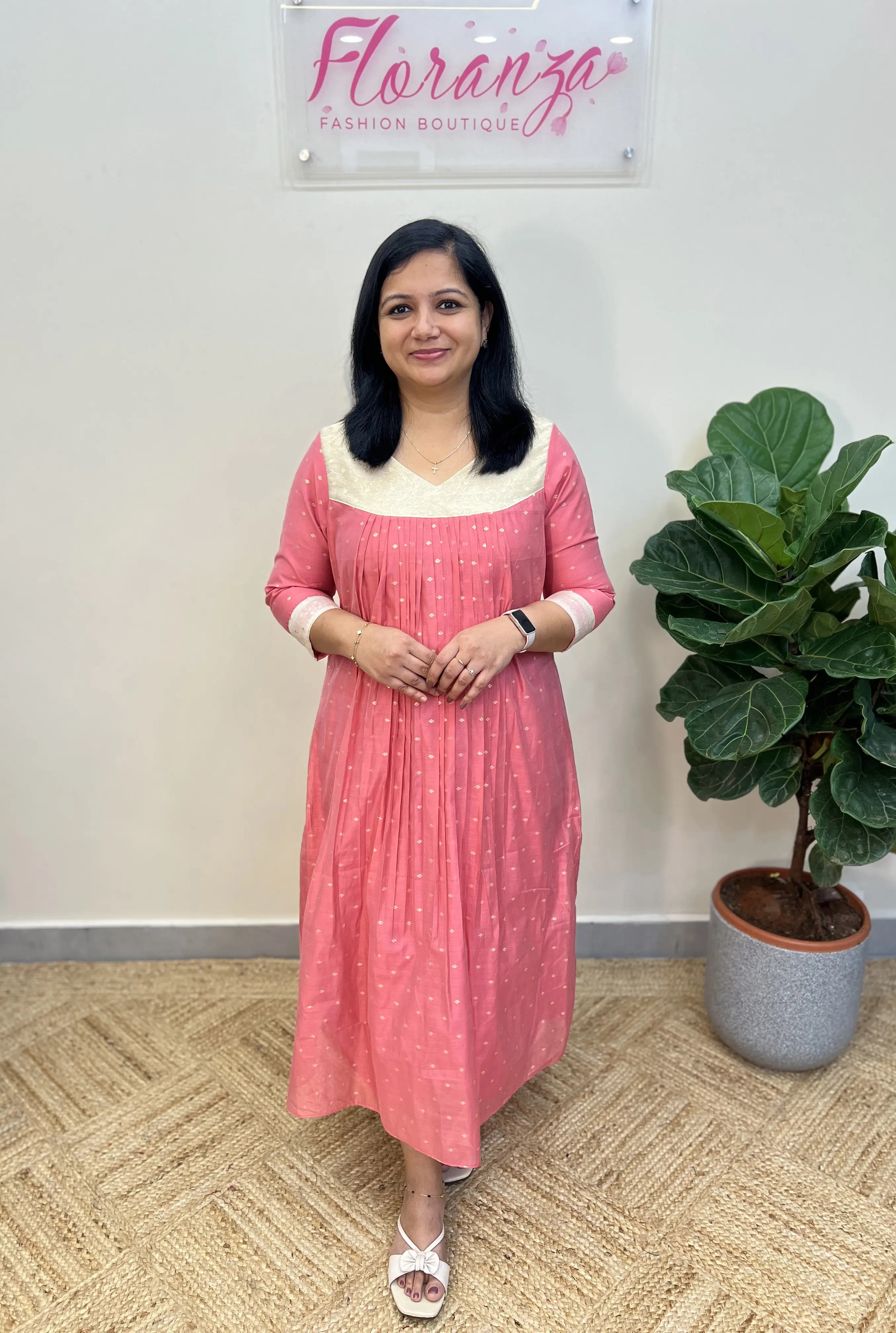 Florista Kurti in Chanderi with Buttas - Pinkish Peach