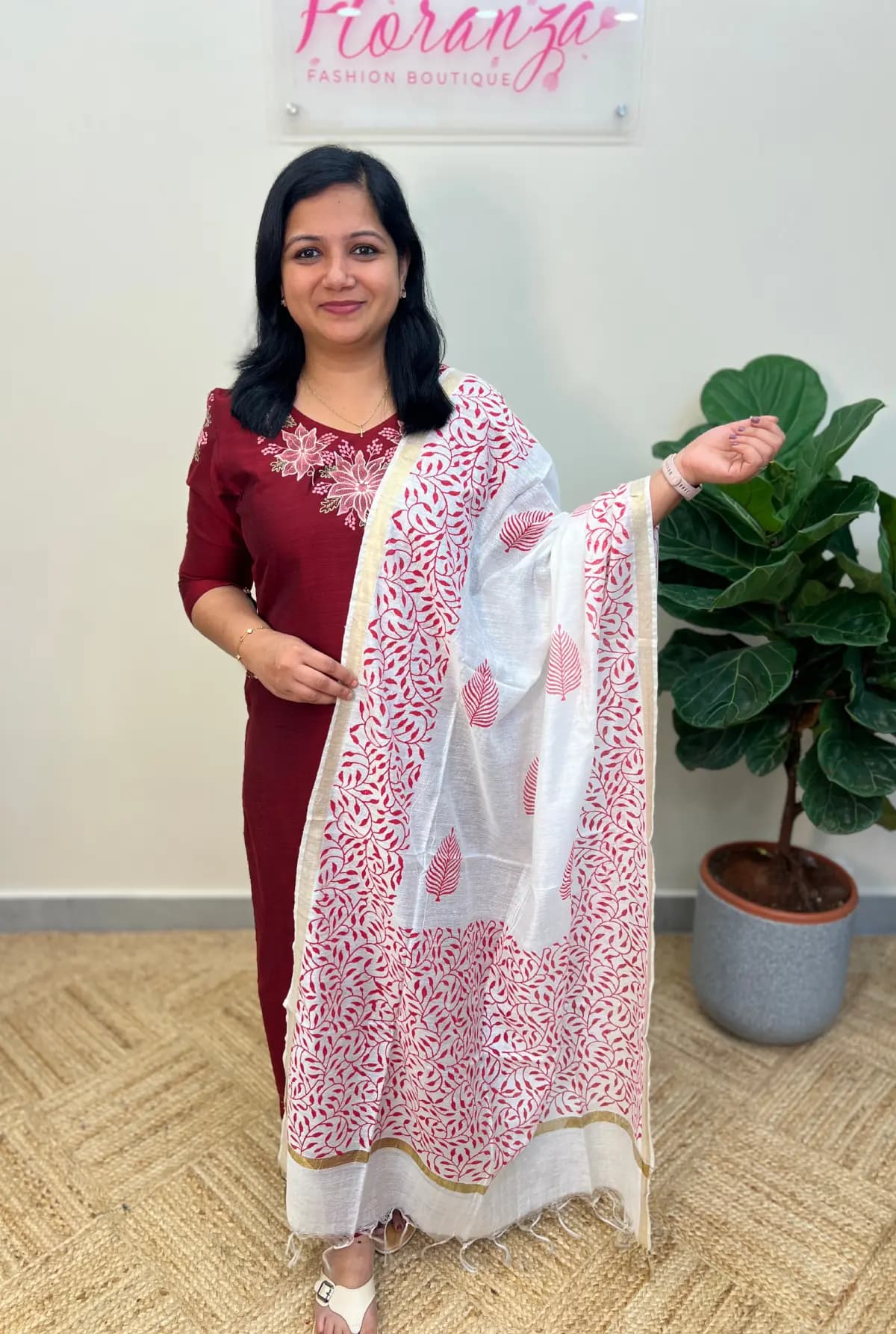 Christmas Special Dupatta in Soft Chanderi with Print - Off-White with Reddish Maroon