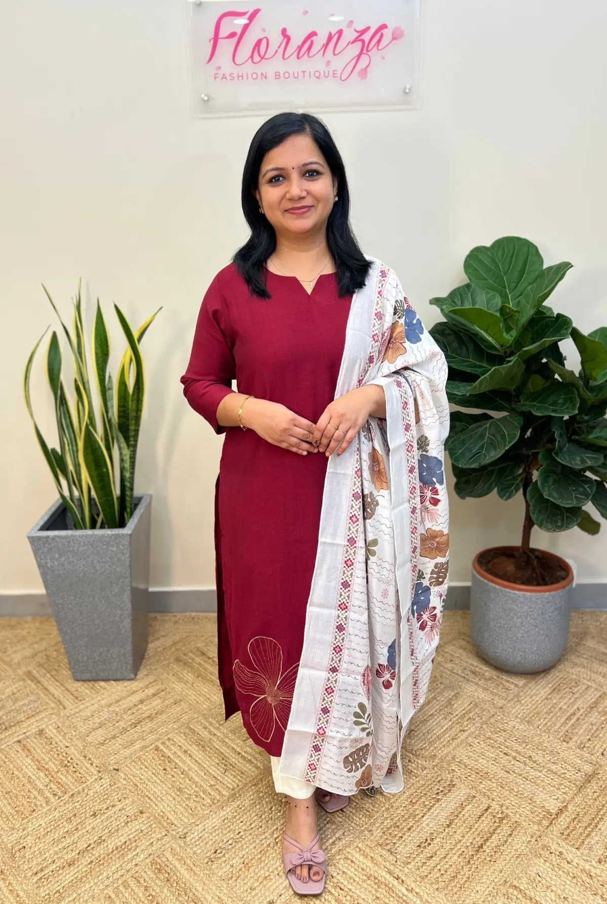 3 Piece Set in Vatican Silk - Dark Maroon n White