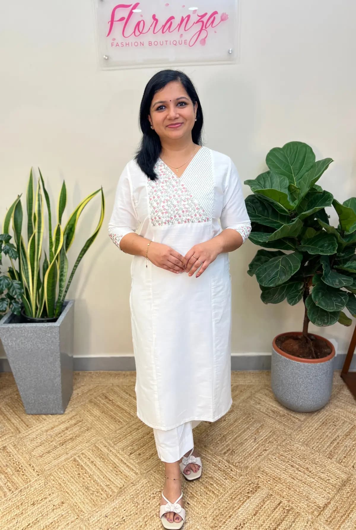 Branded Kurti in Slub Silk with Embroidery - Milky White