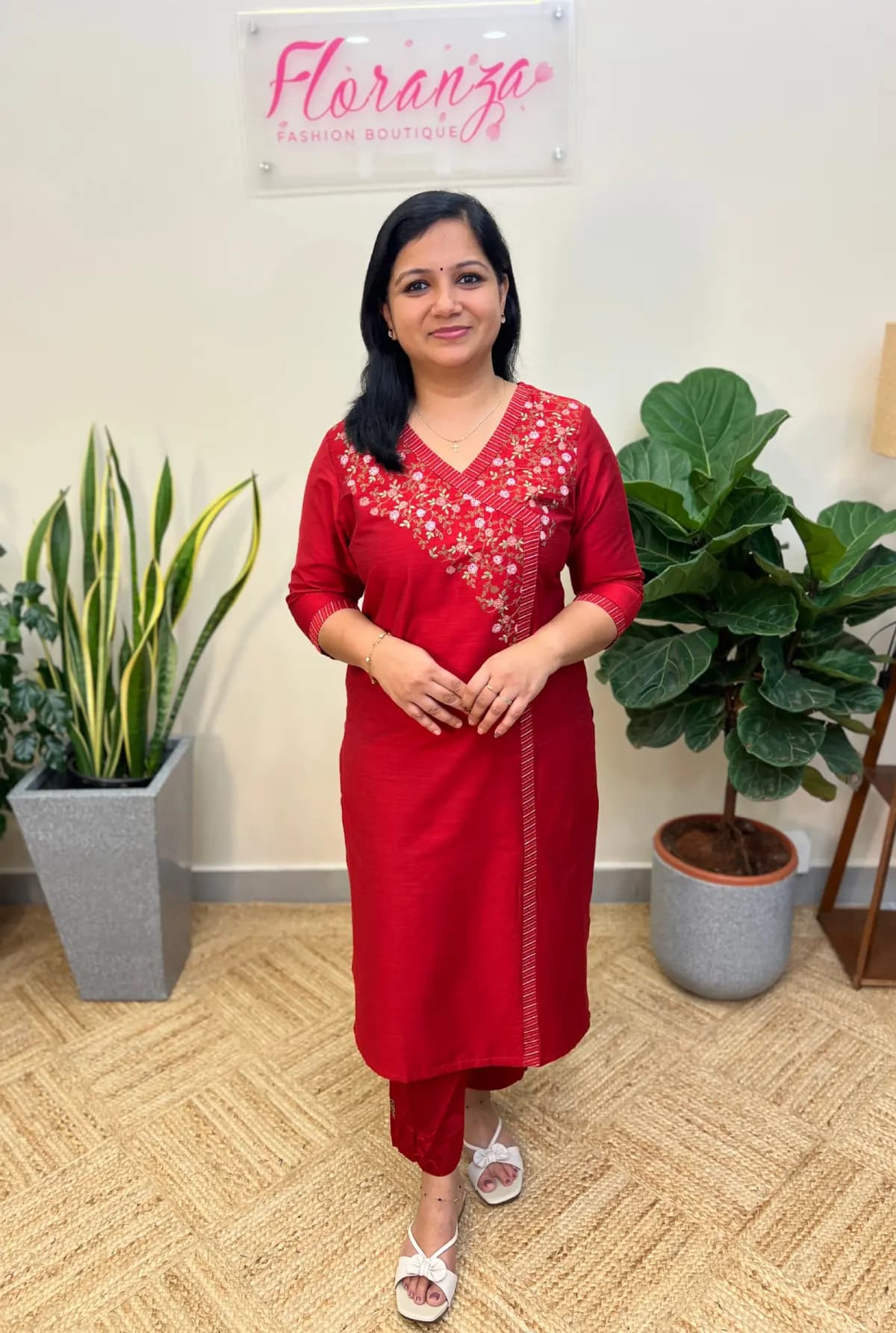 Branded Kurti in Slub Silk with Embroidery - Red