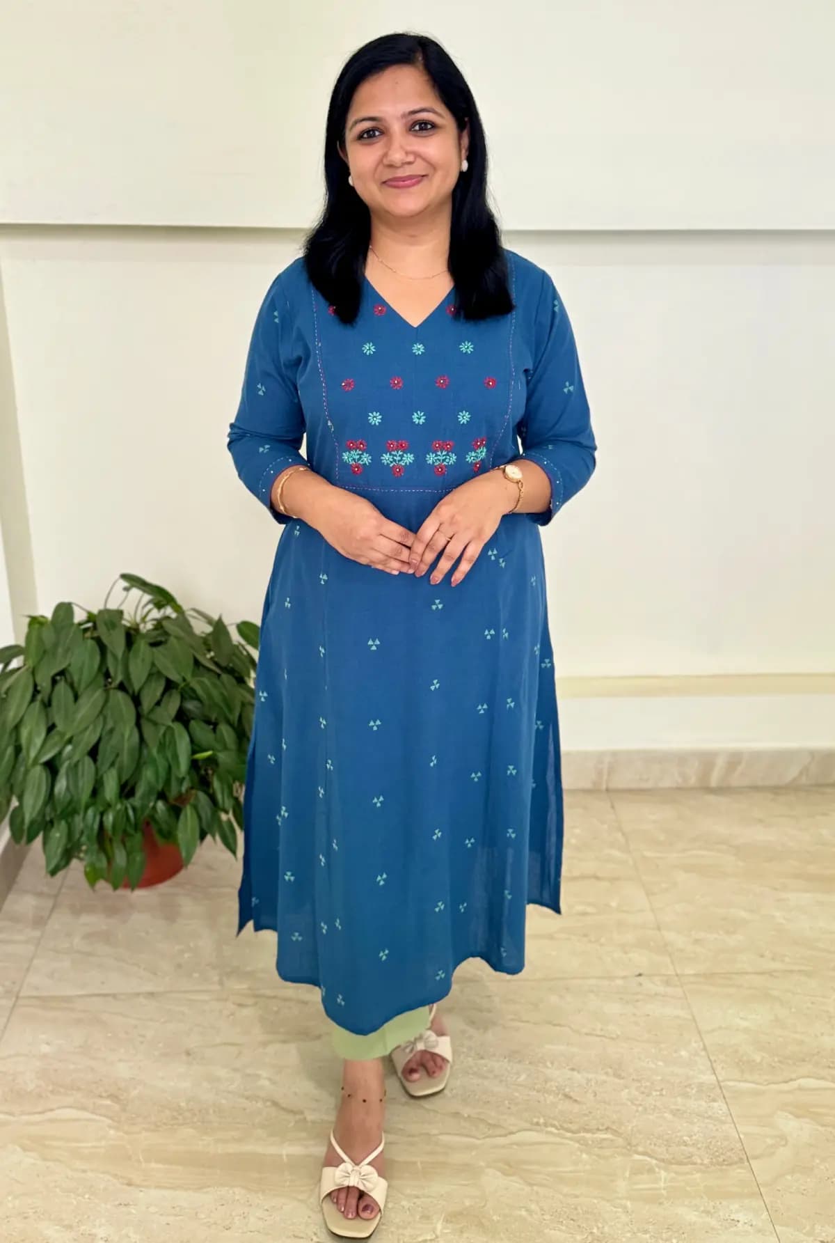 Anvita Brand Kurti in Pure Cotton - Dusty Teal Blue