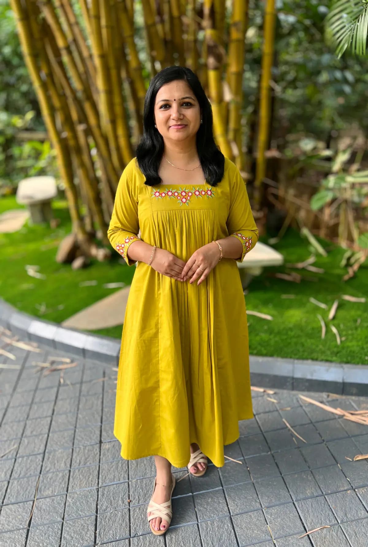 Frock Model Kurti in Cambric Cotton - Olive Green mix Mustard Yellow