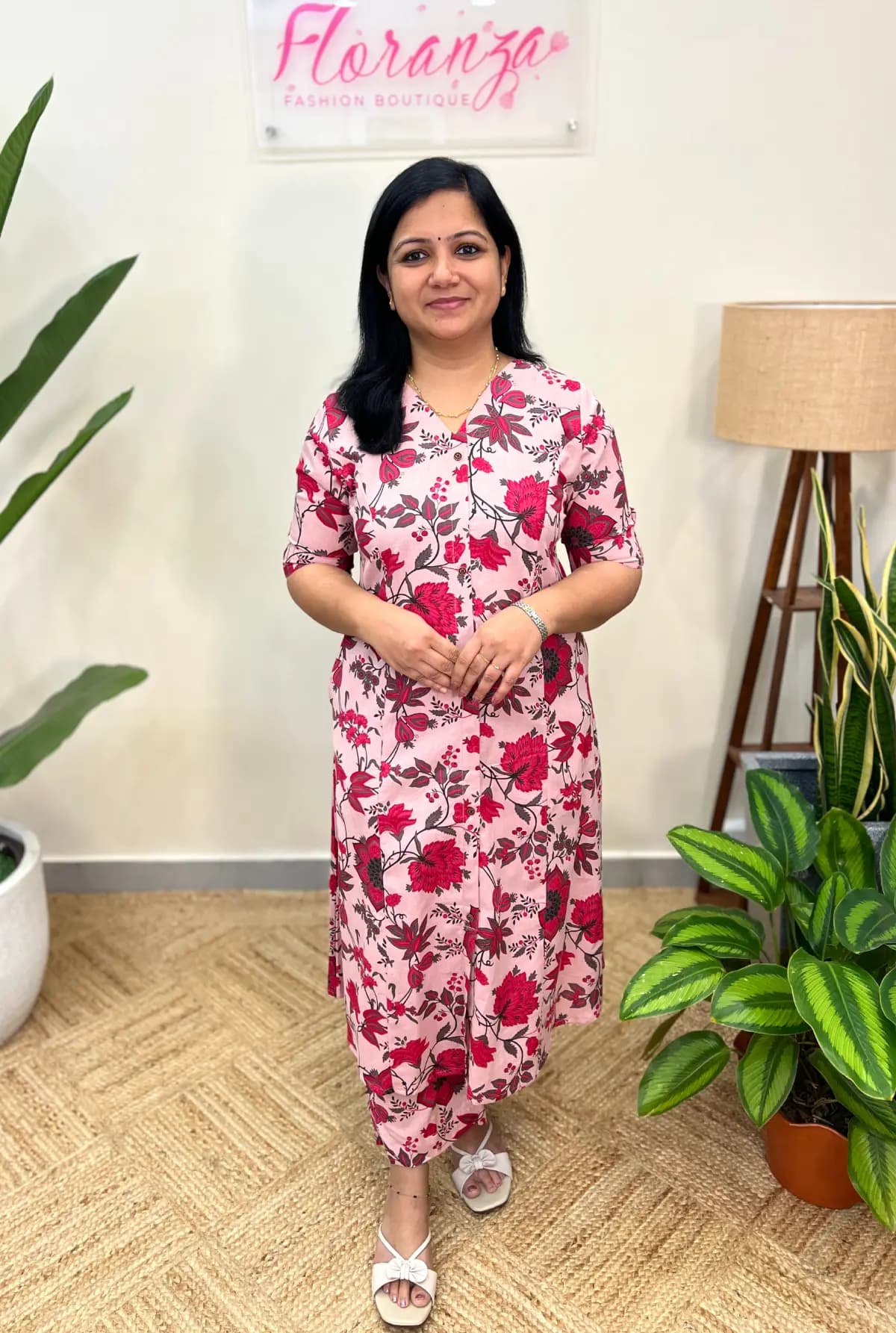 Co-Ord Set In Printed Cotton - Light Pink n Rani Pink Combo