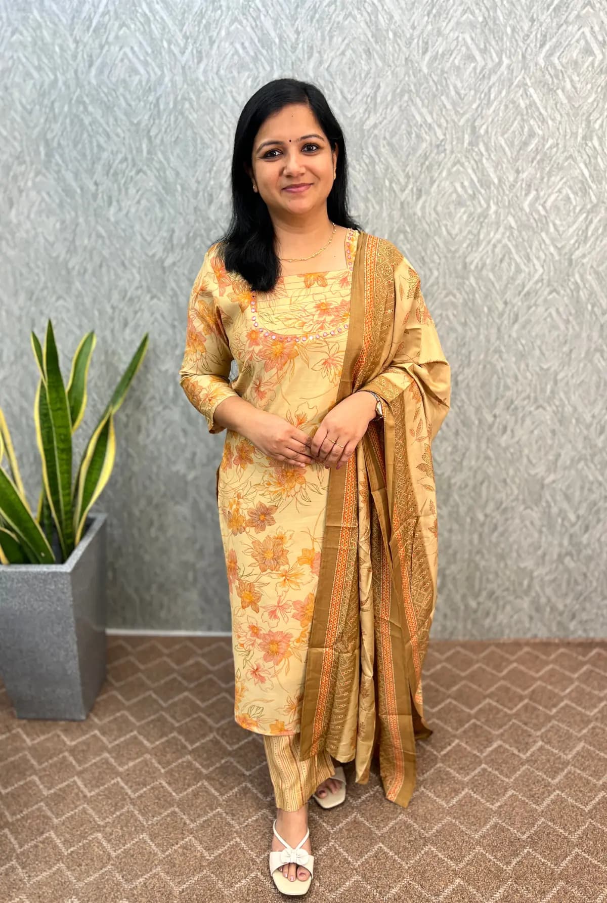 Top, Bottom n Dupatta in Muslin Silk - Sandal