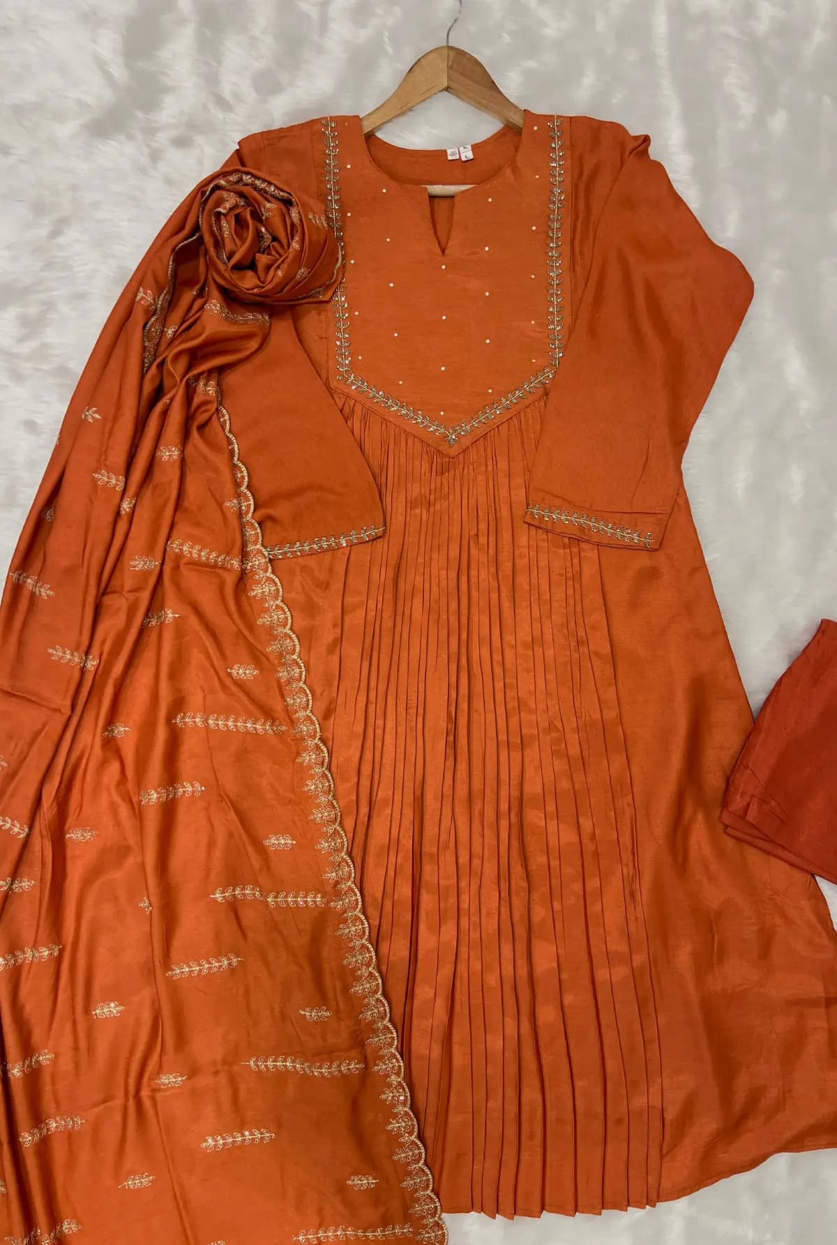 Premium 3 Piece Set In Mul-Chanderi - Burned Orange