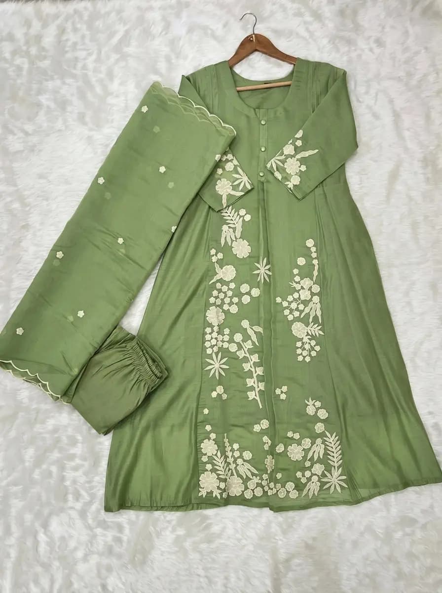 3 Piece Set In Chanderi - Pastel Green