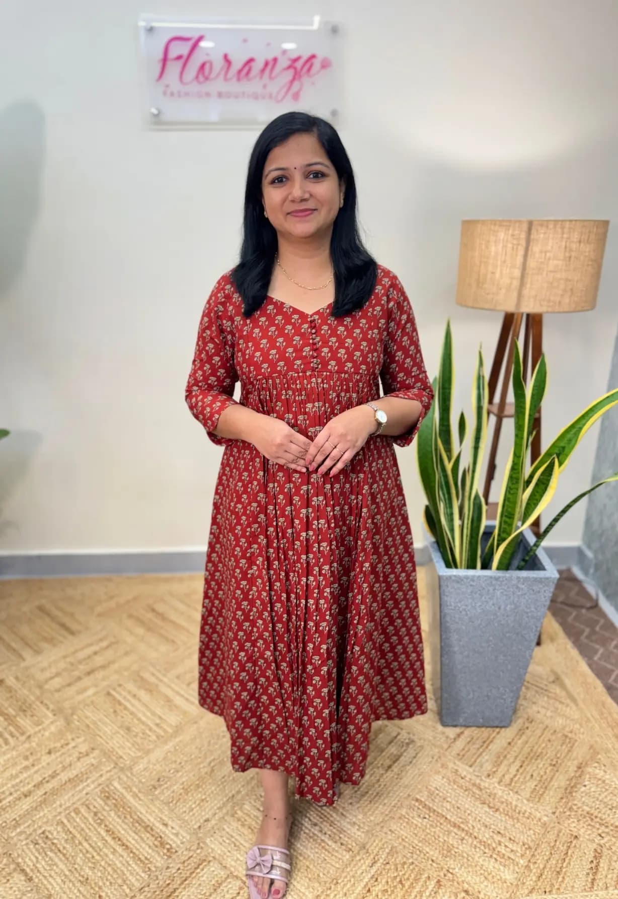 Florista Kurti In Printed Cotton - Brick Red with Flower Print