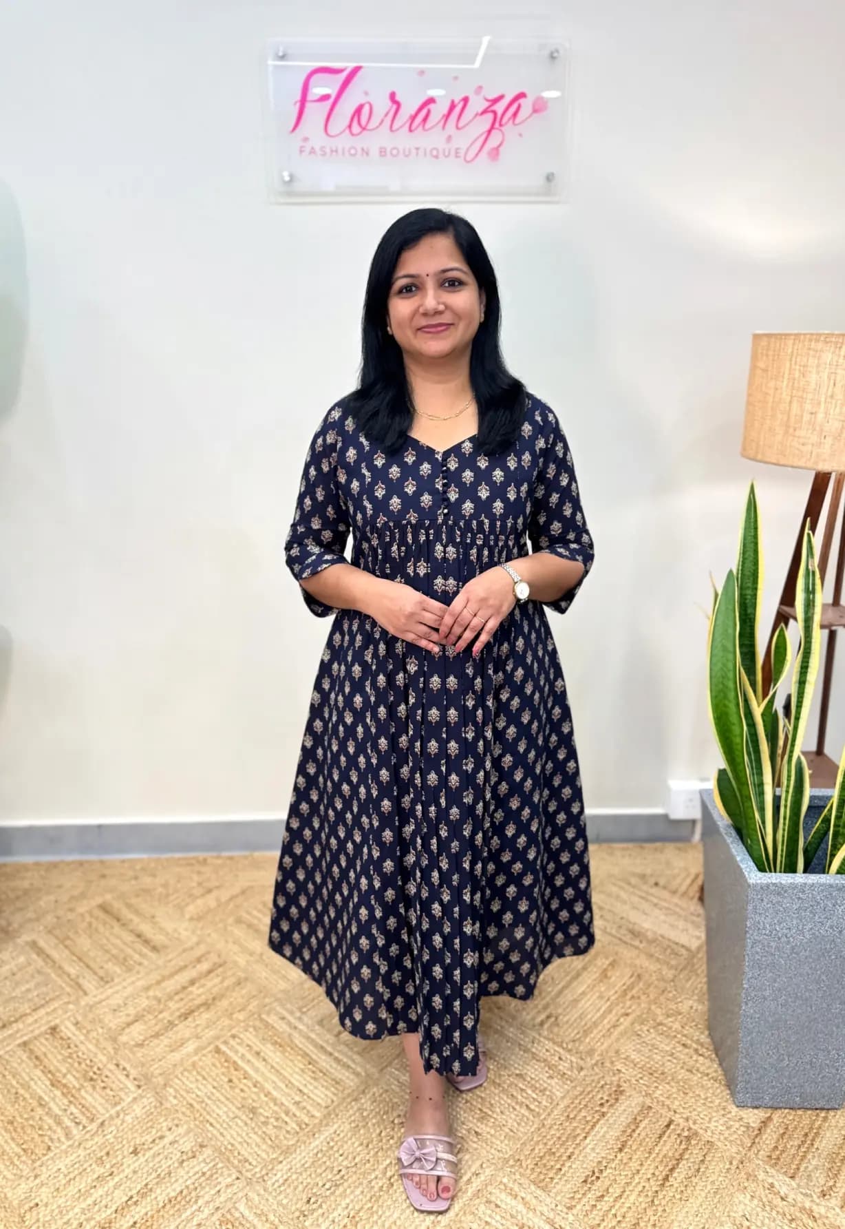 Florista Kurti In Printed Cotton - Navy Blue with Flower Print