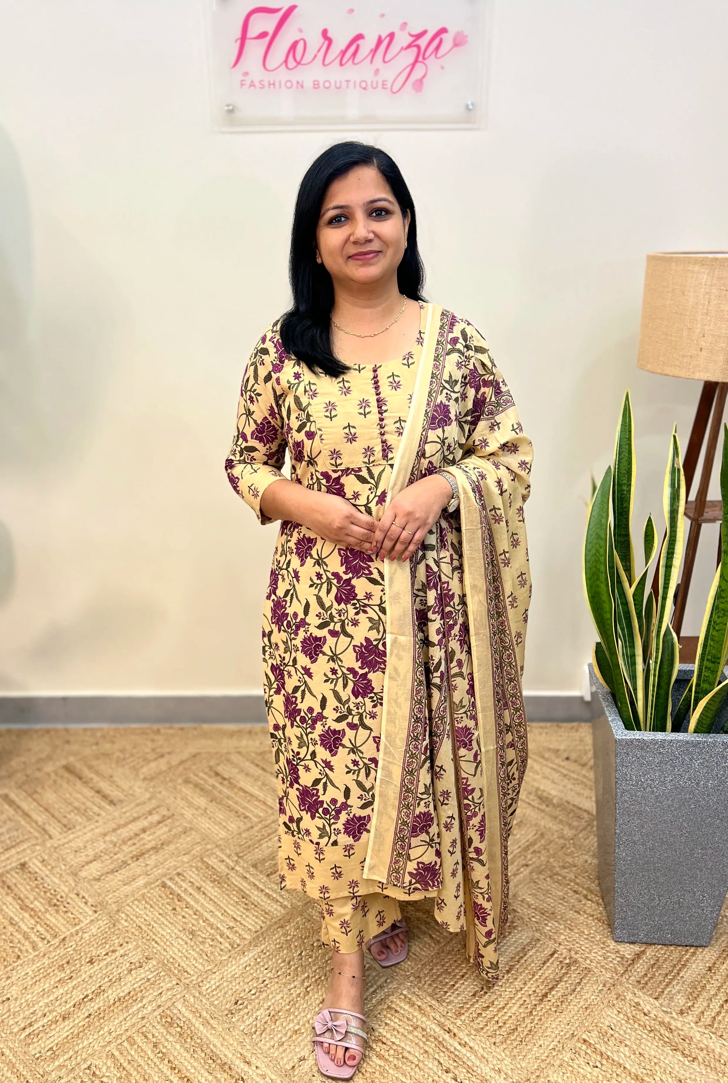 Florista 3 Piece Set in Printed Cotton - Beige n Purple