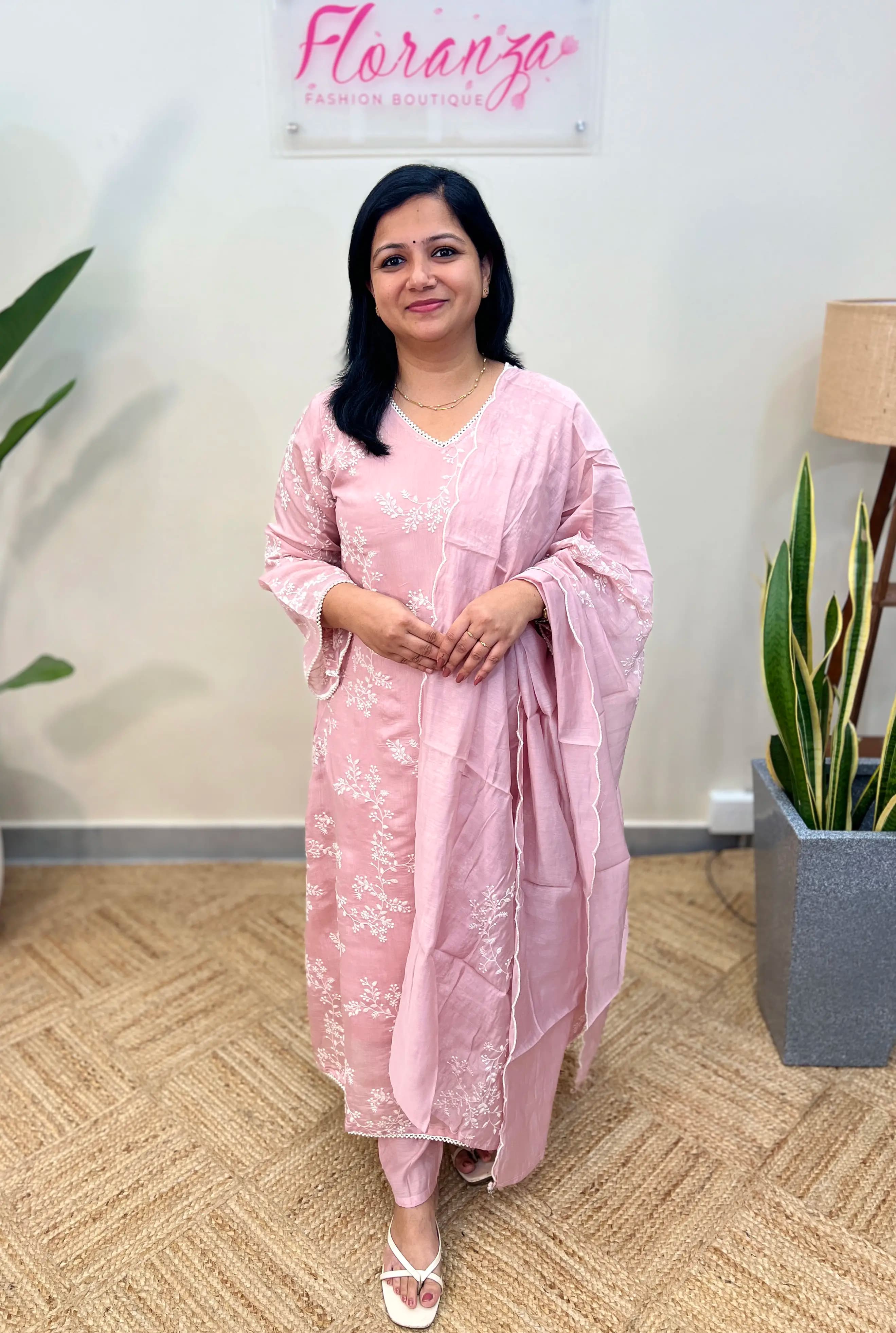 Premium 3 Piece Set In Mul-Chanderi - Nude Pink