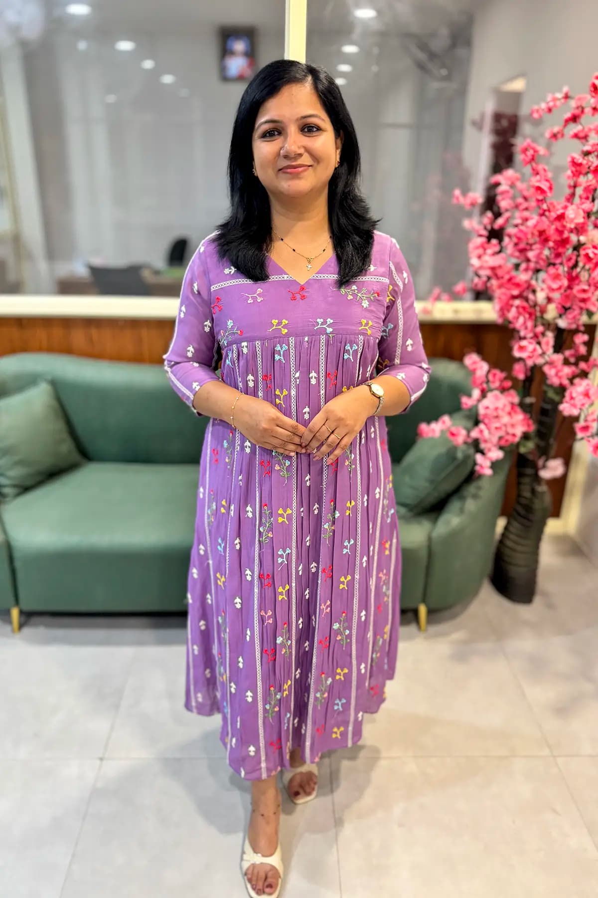Florista Kurti In Mul-Chanderi - Lavender