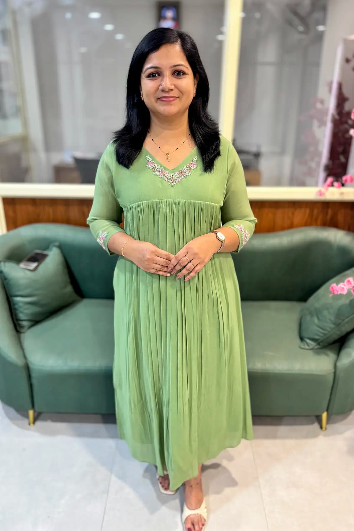 Florista Kurti In Mul-Chanderi - Pastel Green