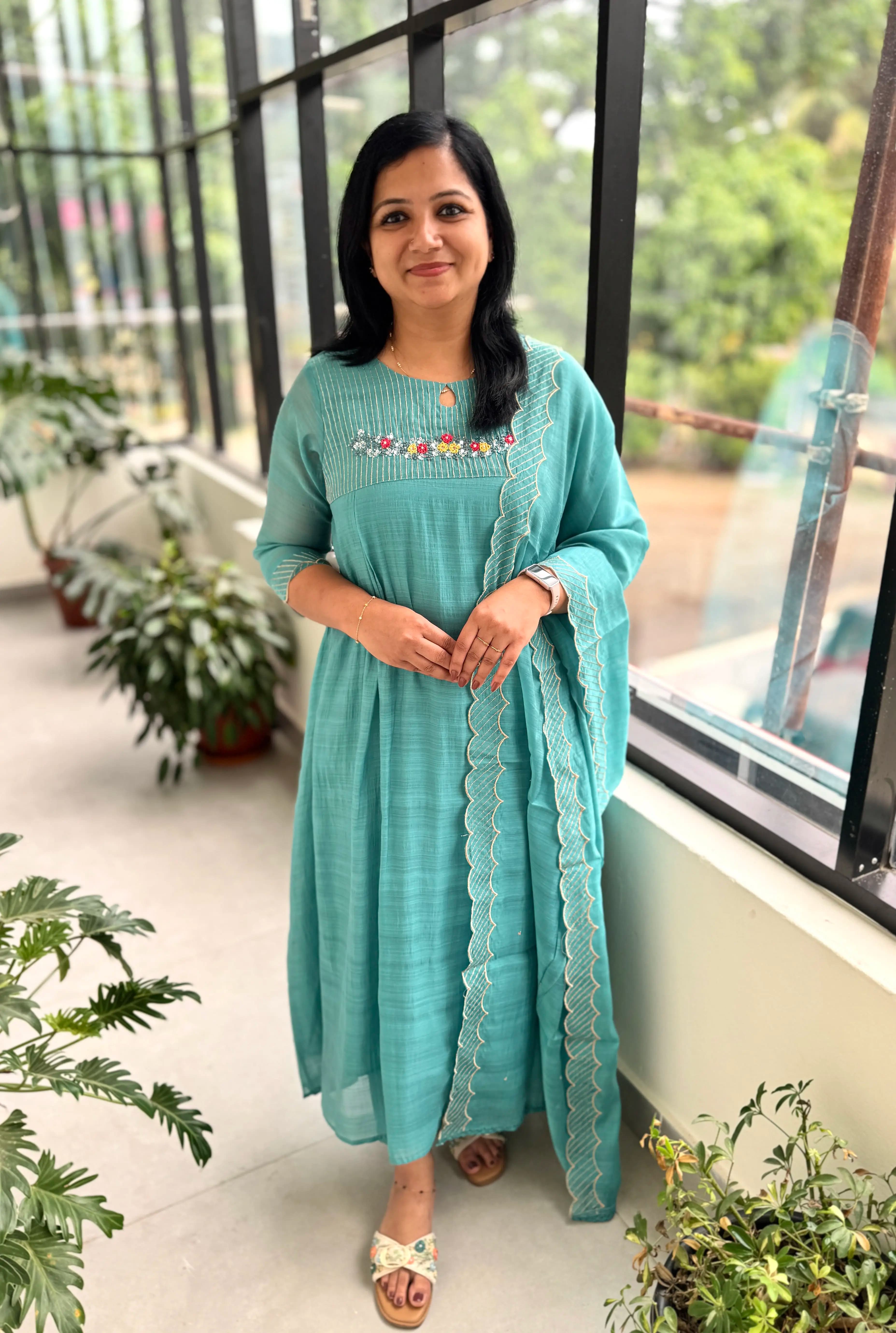 Premium 3 Piece Set In Mul-Chanderi - Blue mix Green