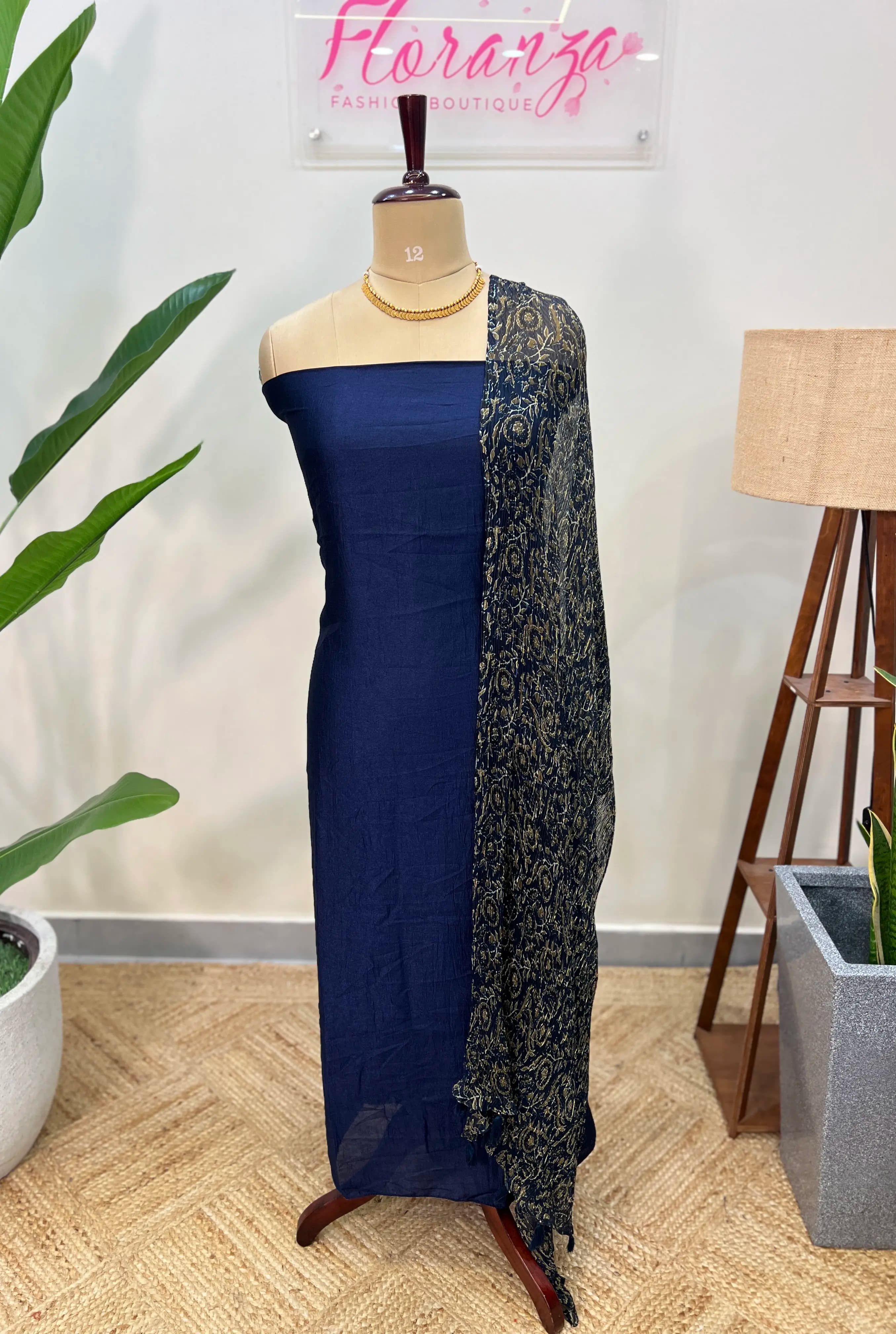 Unstitched Salwar Material in Vichitra Silk - Dark Blue